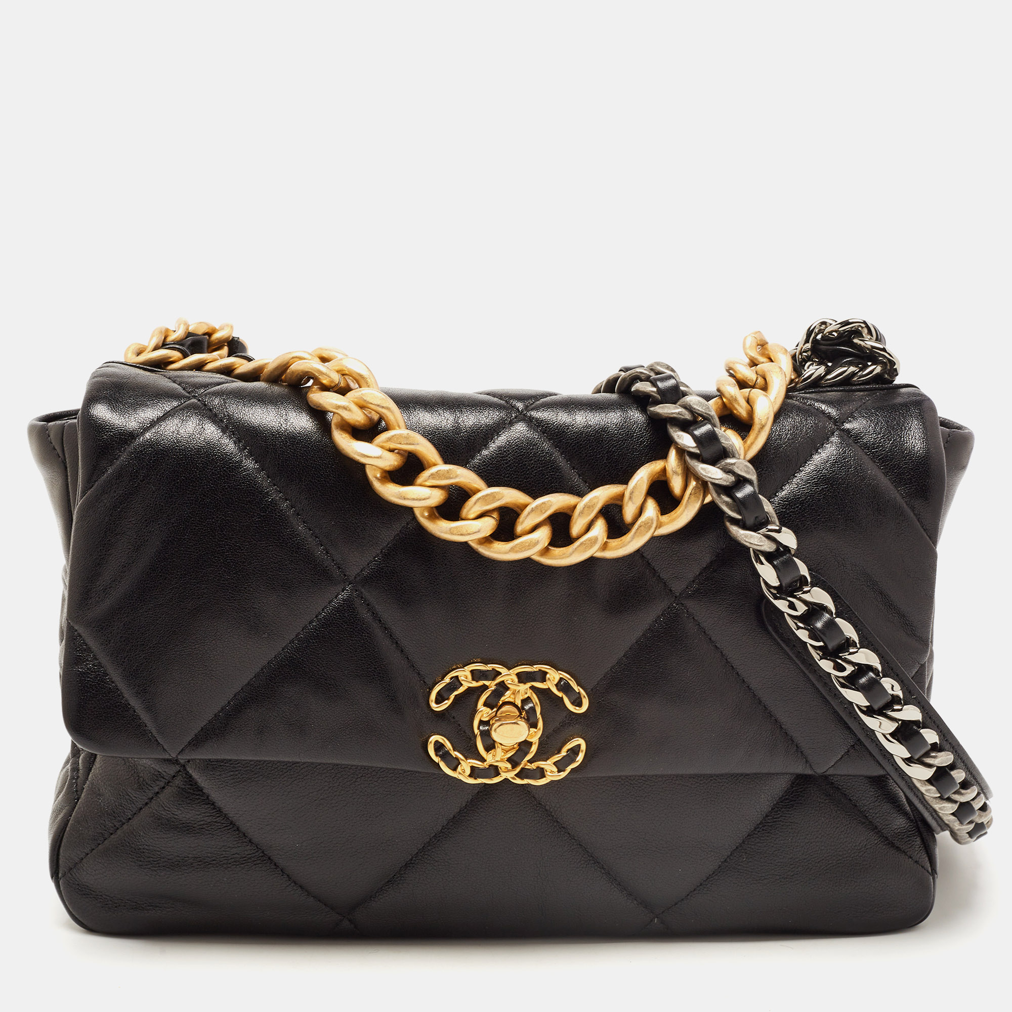 Black Leather  19 Flap Shoulder Bag