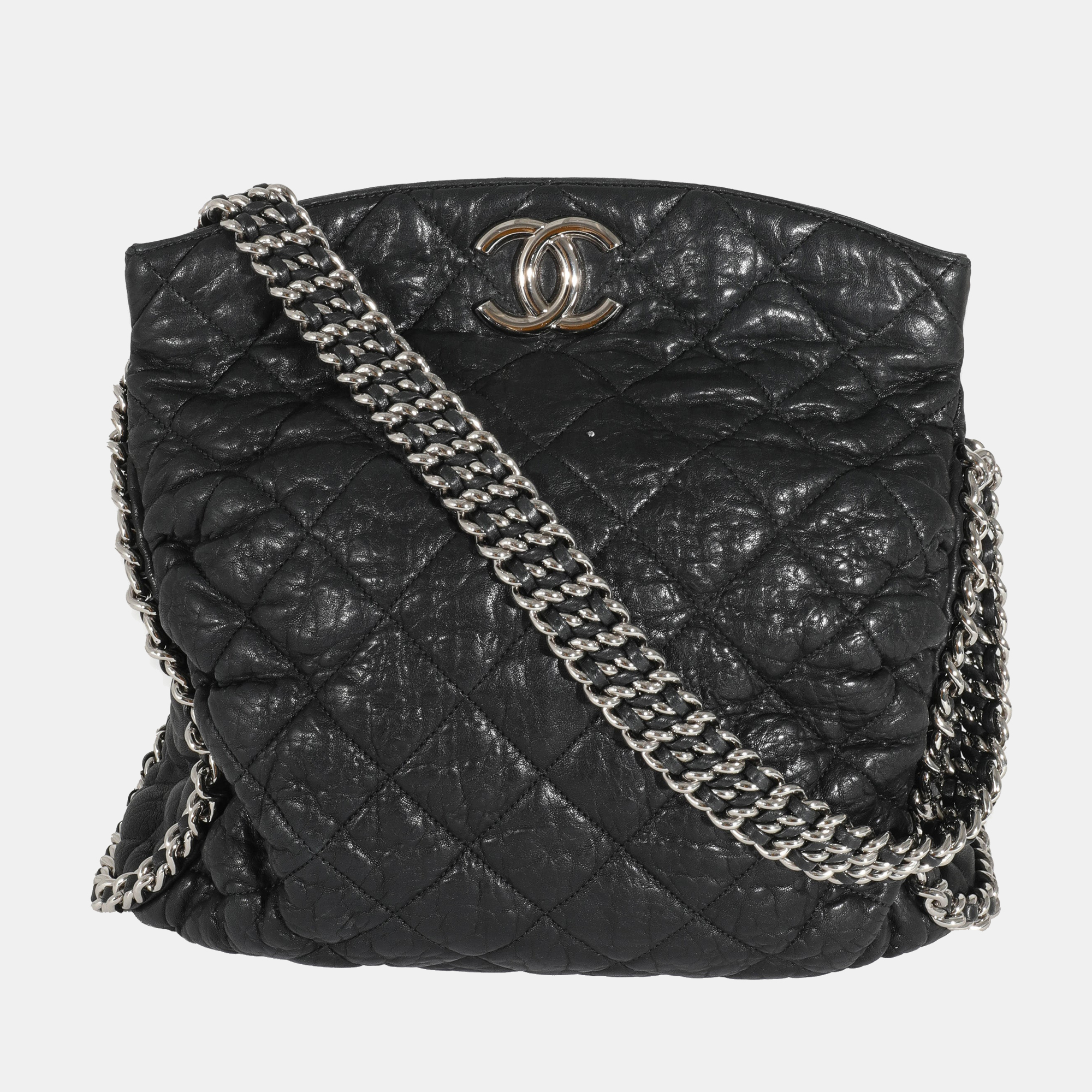 Pre-owned Chanel Black Washed Lambskin Chain Around Hobo