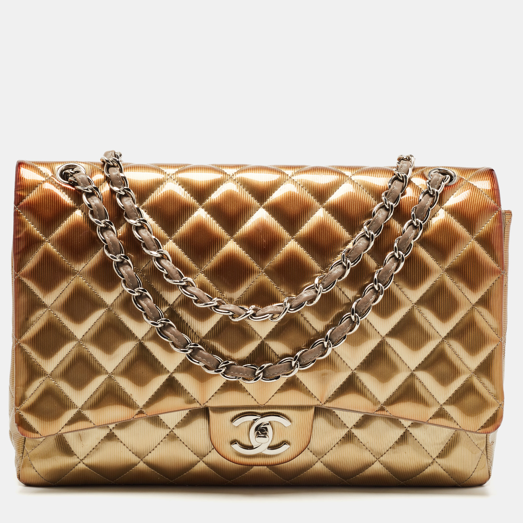 Pre Owned Chanel Olive Green Quilted Striped Patent Leather Maxi Classic Double Flap Bag
