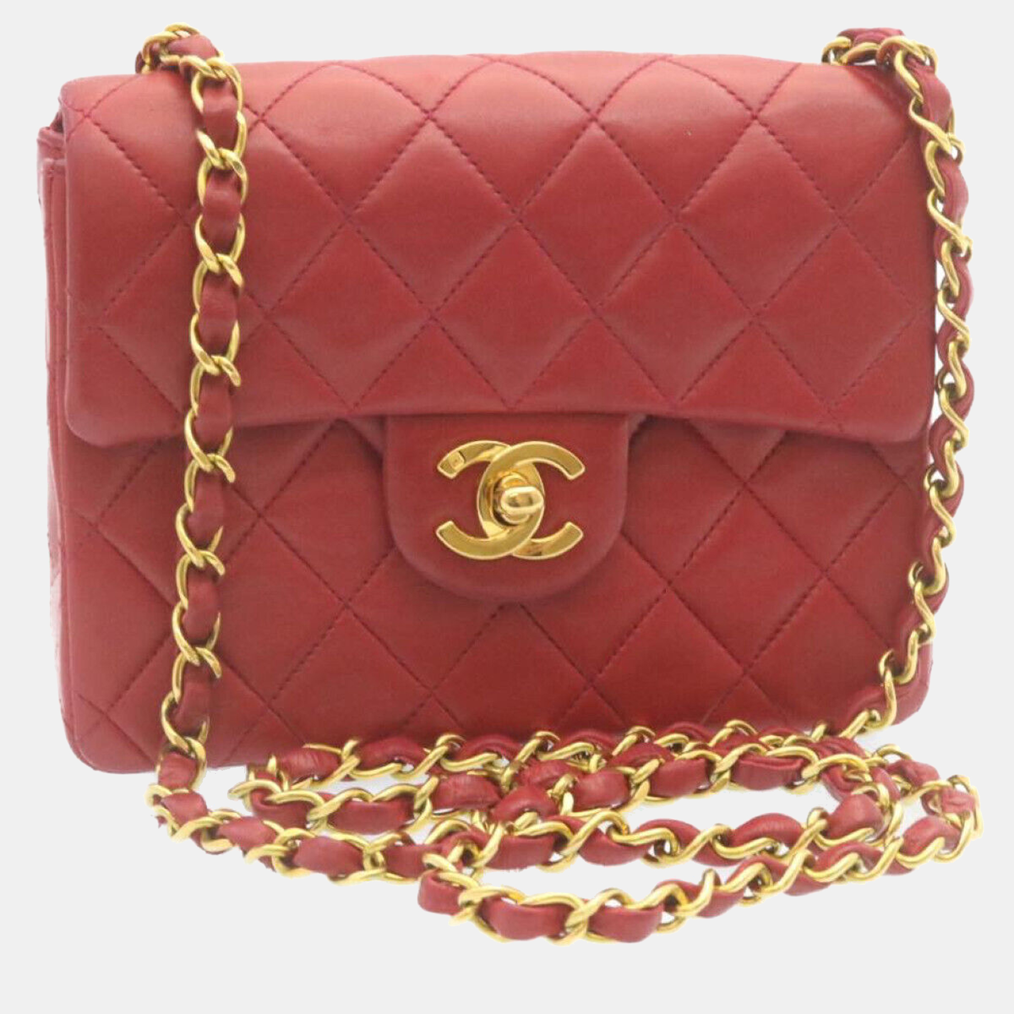 Pre-owned Chanel Red Lambskin Leather Mini Square Flap Bag
