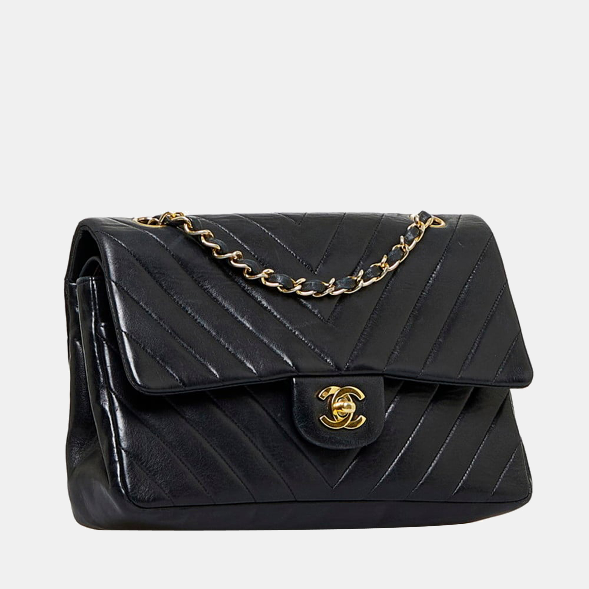 

Chanel Black Leather Chevron Classic Medium Double Flap Bag