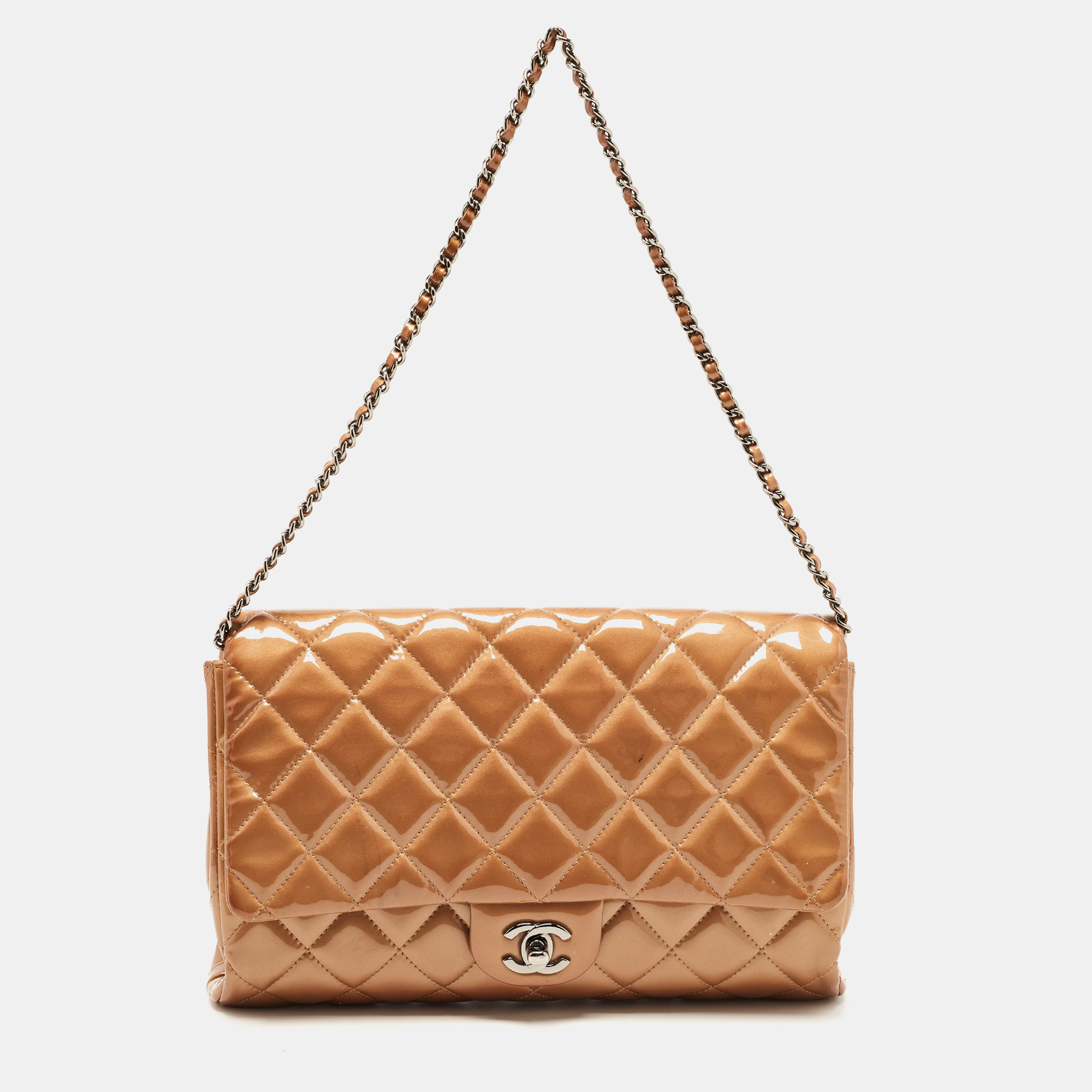 Pre Owned Chanel Beige Quilted Patent Leather Classic Flap Shoulder Bag