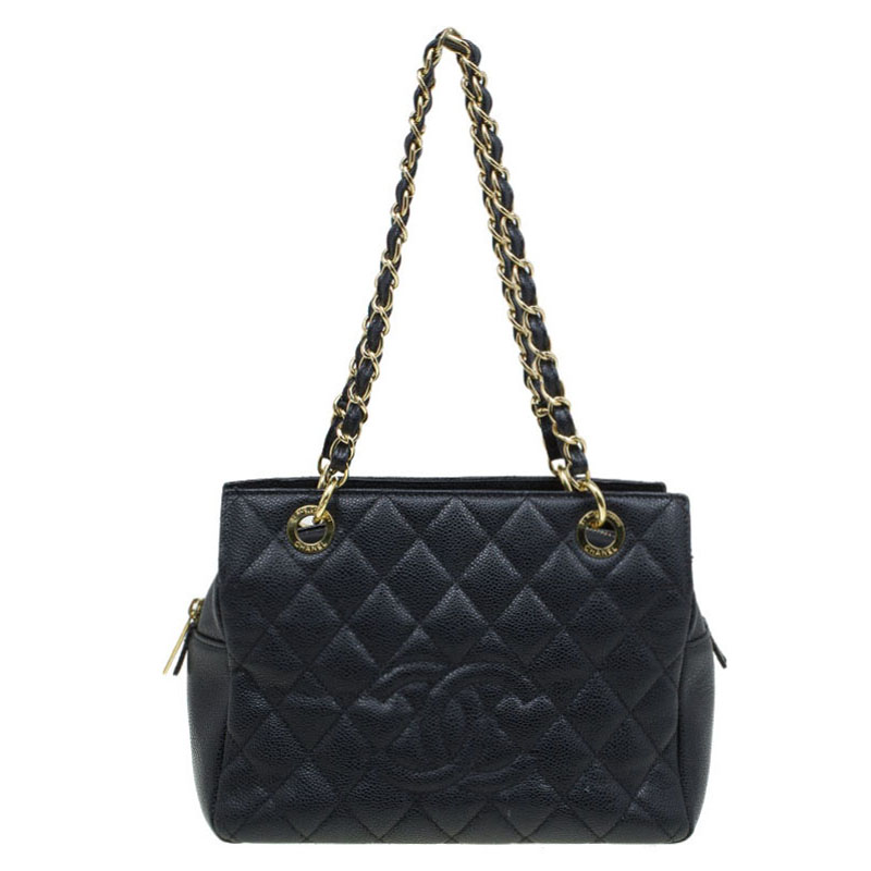 Pre Owned Chanel Black Quilted Caviar Leather Petite Timeless Shopper Tote