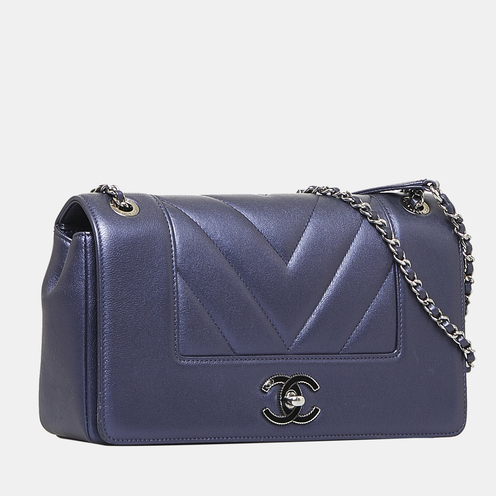 

Chanel Blue Medium Mademoiselle Vintage Chevron Flap Bag