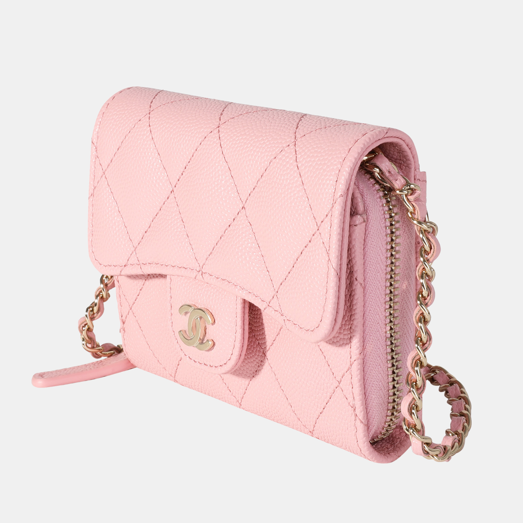 

Chanel Pink Quilted Caviar Compact Wallet On Chain