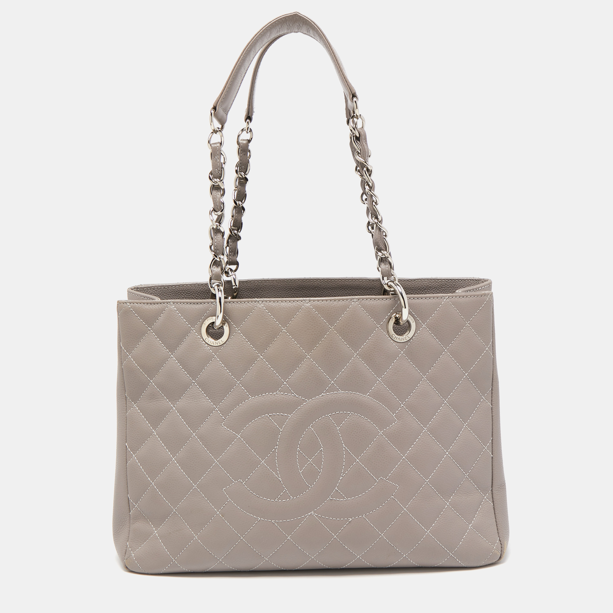 Pre Owned Chanel Grey Quilted Caviar Leather GST Shopper Tote