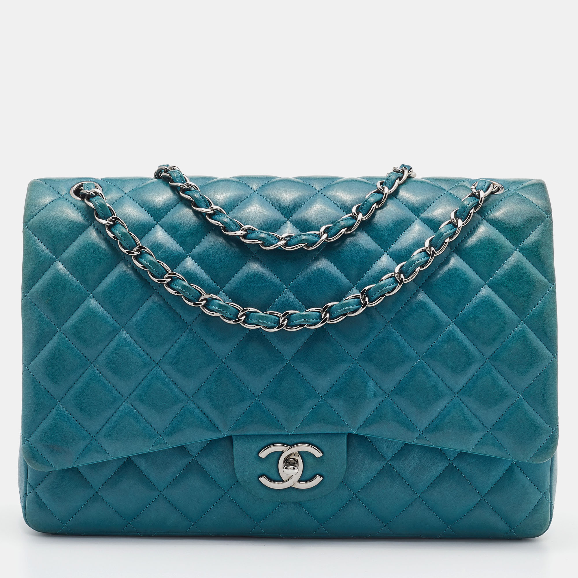 Pre-owned Chanel Green Quilted Leather Maxi Classic Double Flap Bag