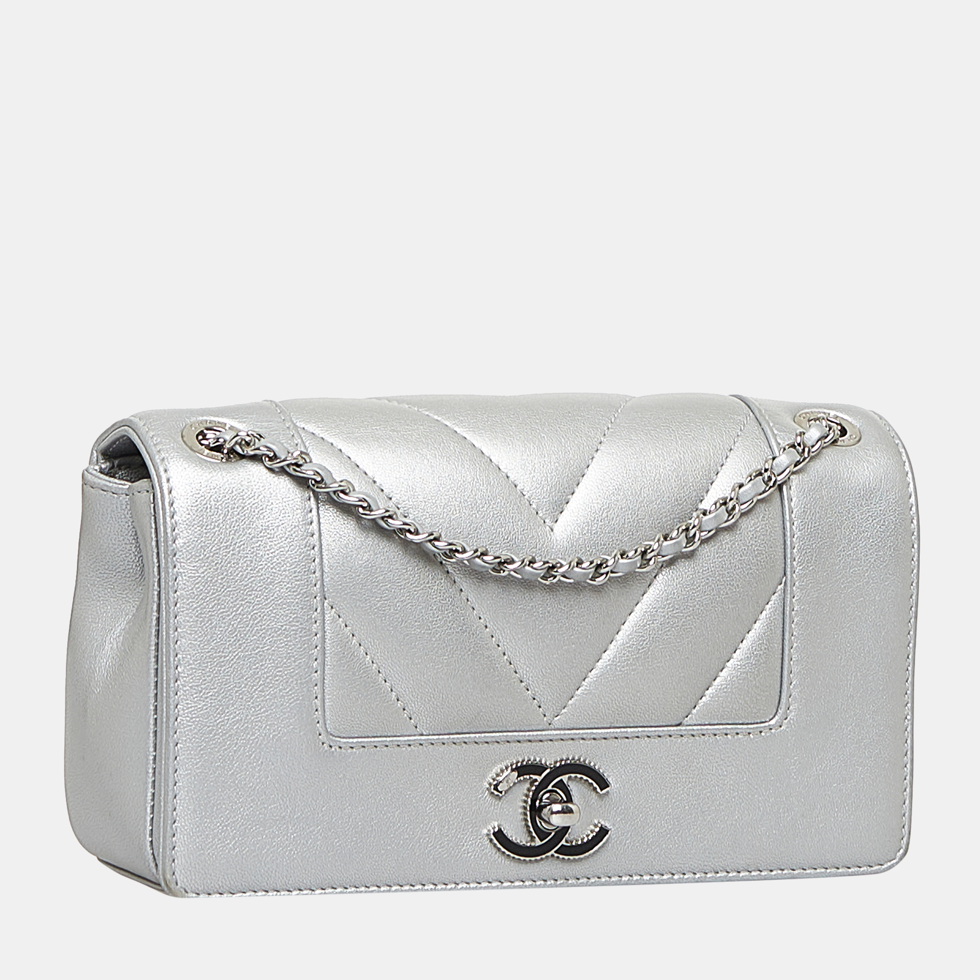 

Chanel Silver Mademoiselle Vintage Chevron Flap Bag