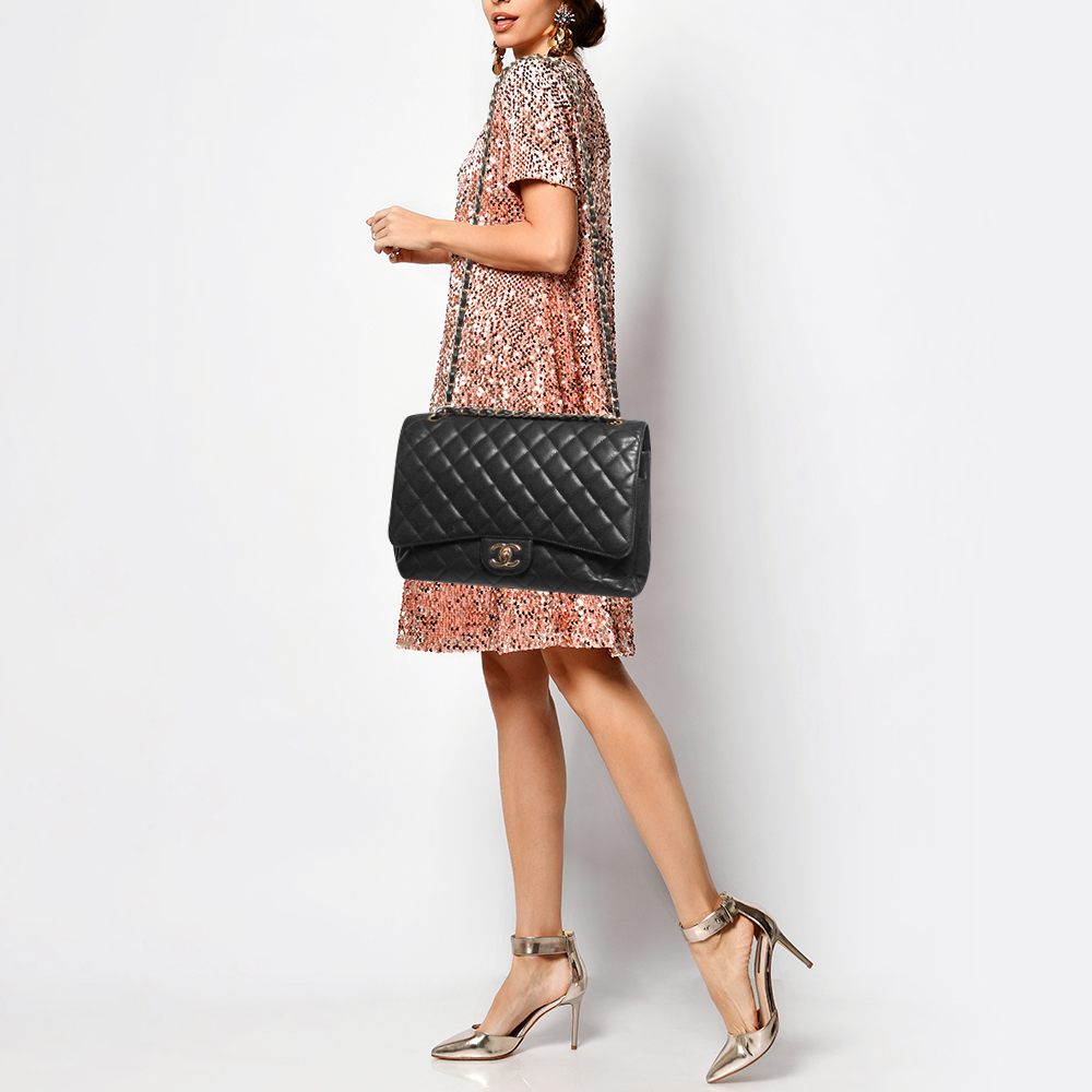 

Chanel Black Quilted Caviar Leather Maxi Classic Double Flap Bag