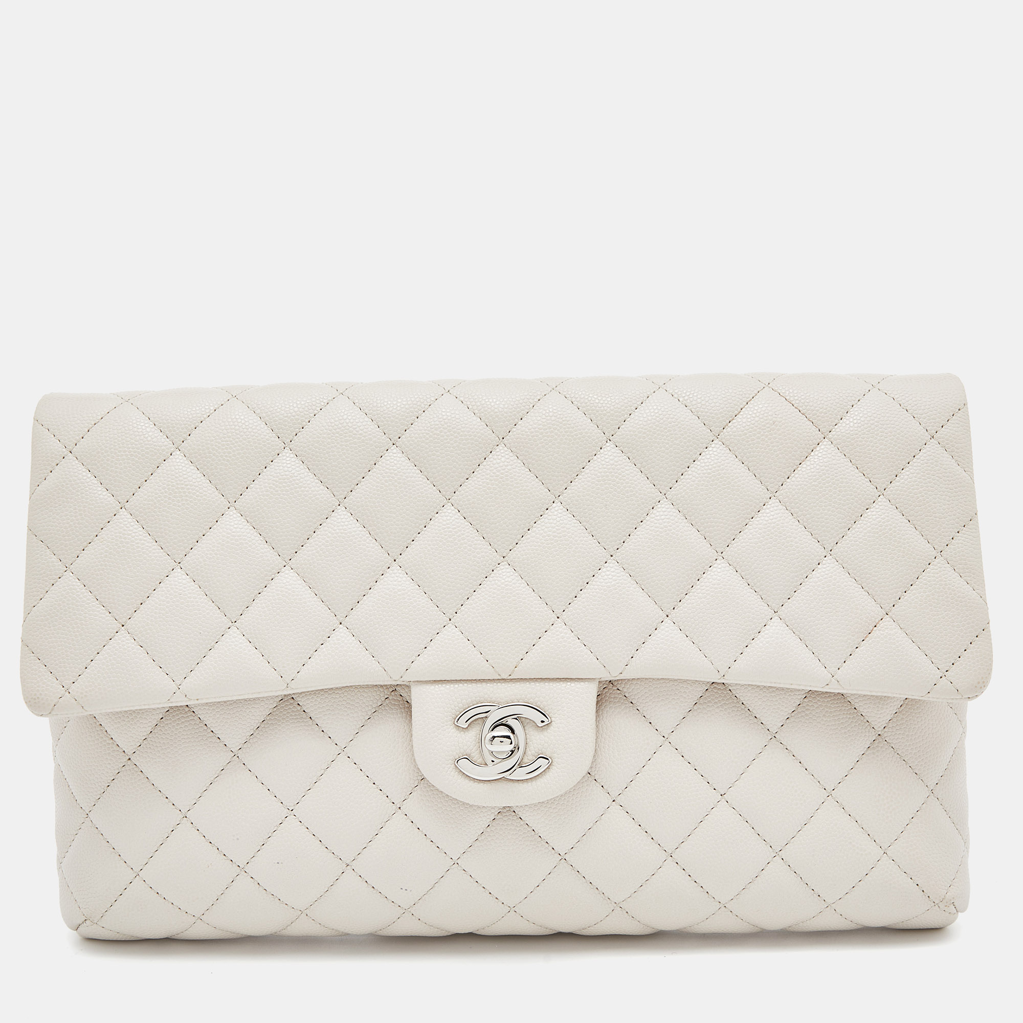 Pre-owned Chanel Off White Quilted Caviar Leather Flap Clutch