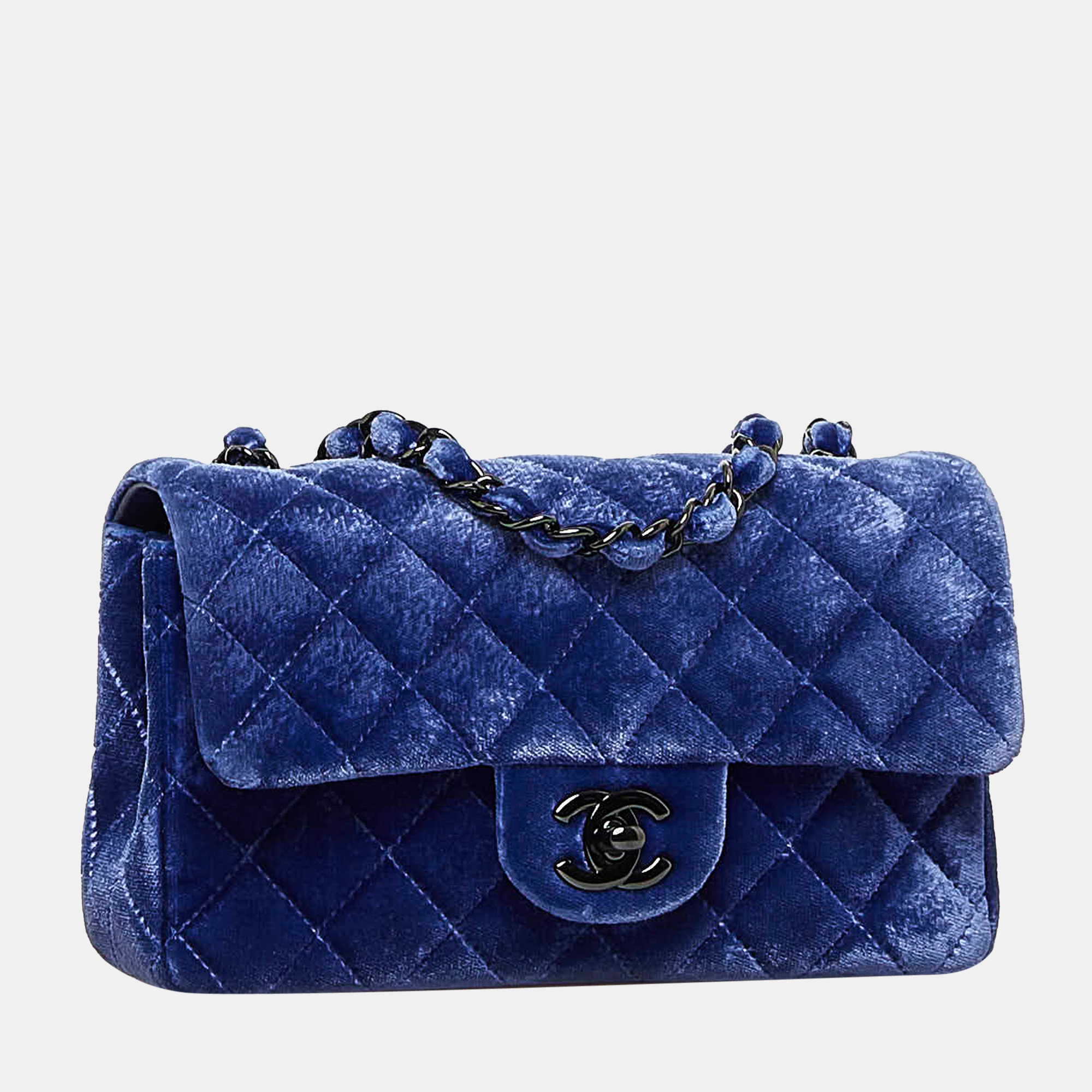 

Chanel Blue Mini Classic Velvet Single Flap Bag