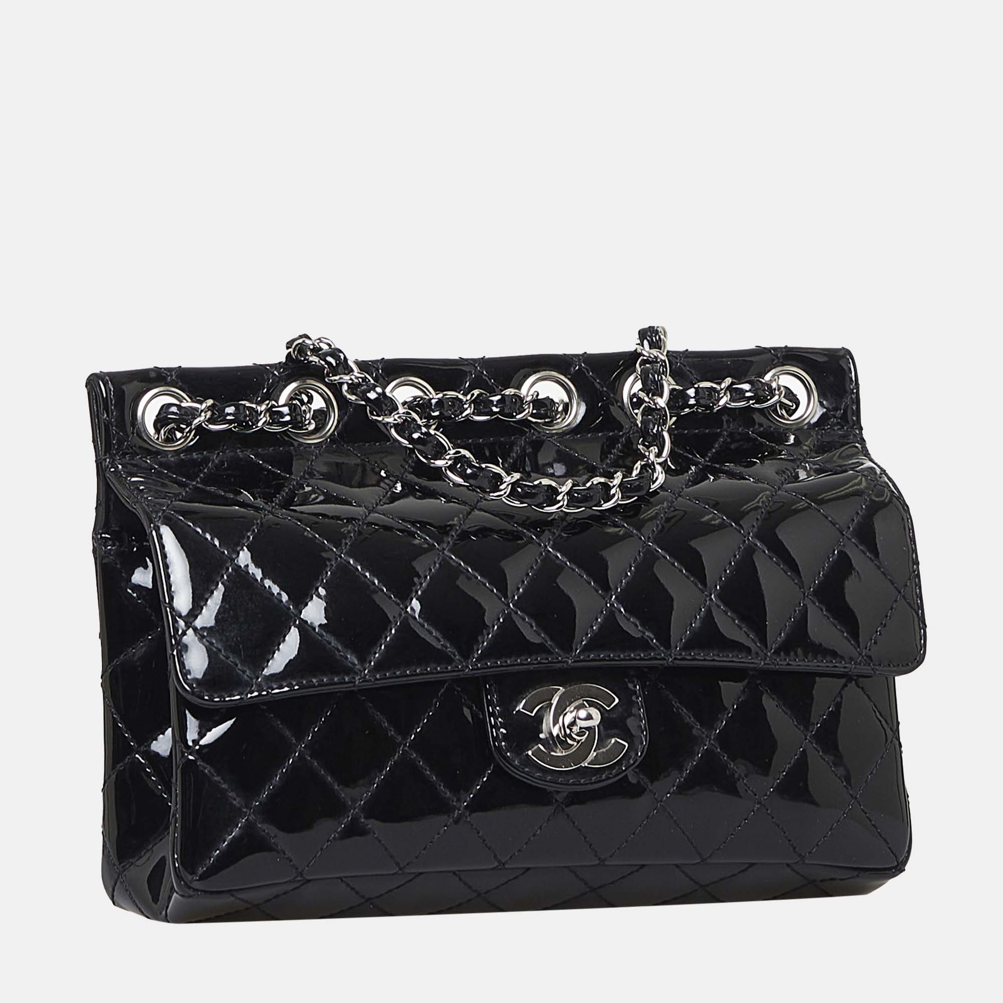 

Chanel Black Medium Patent Chain-Through Flap Bag