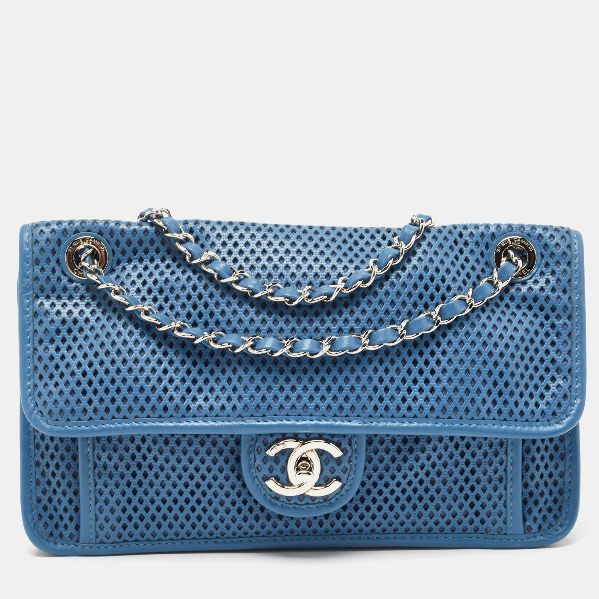 Pre Owned Chanel Blue Perforated Leather Up in the Air Flap Bag