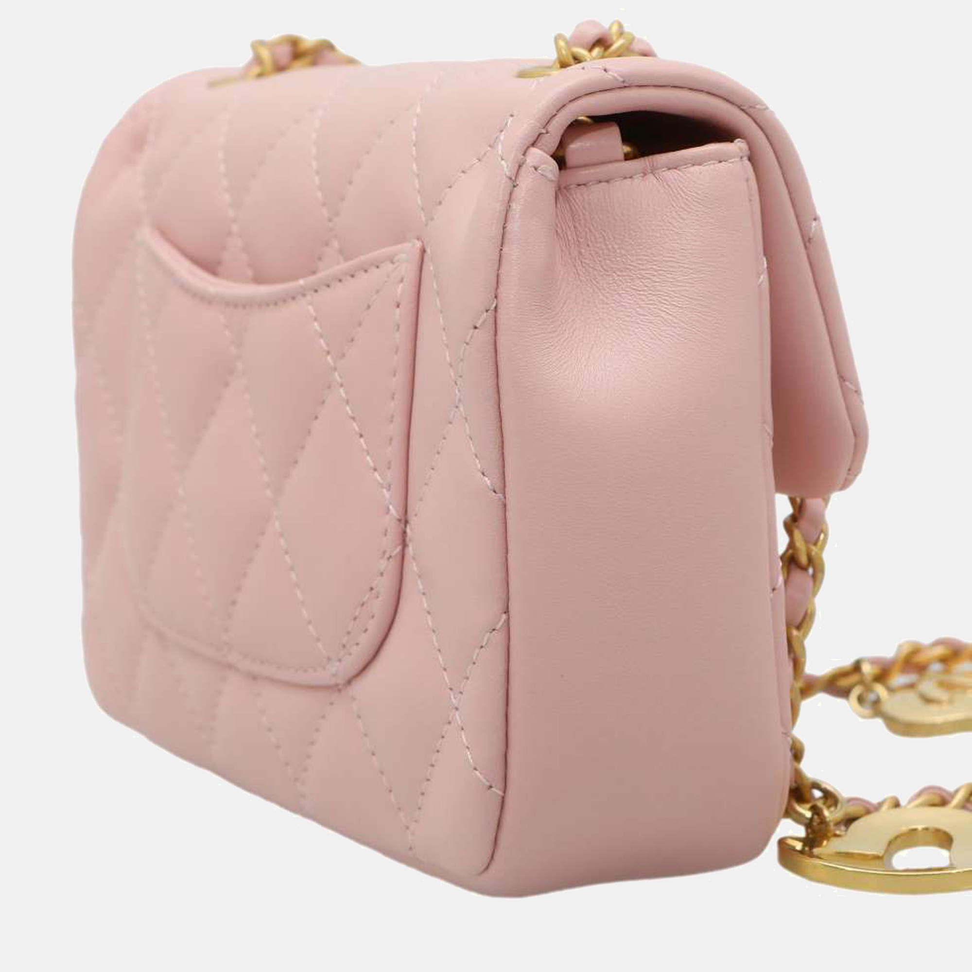 

Chanel Pink Leather Classic Quilted Heart Charm Flap Bag