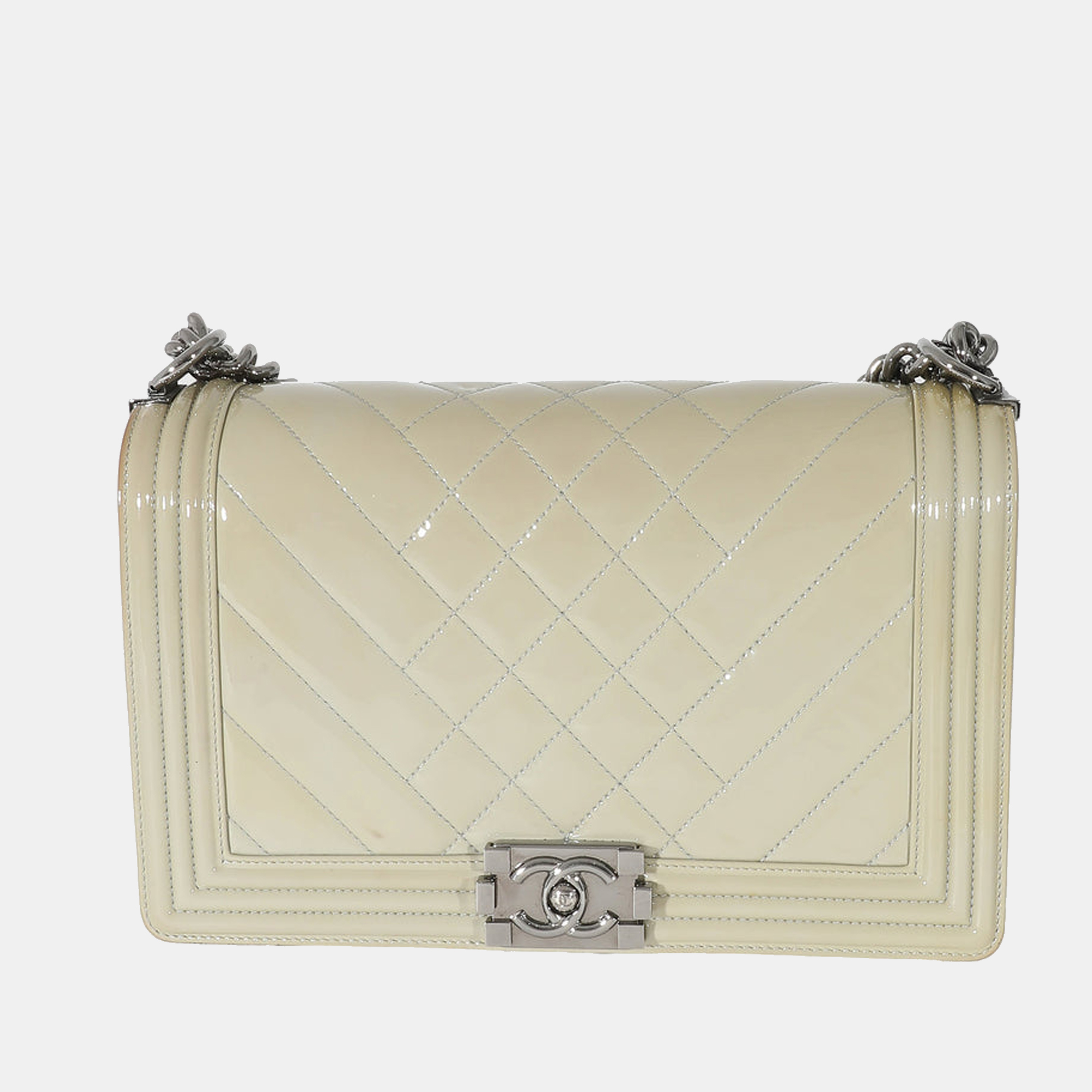 

Chanel Grey Patent Leather Quilted Medium Boy Bag
