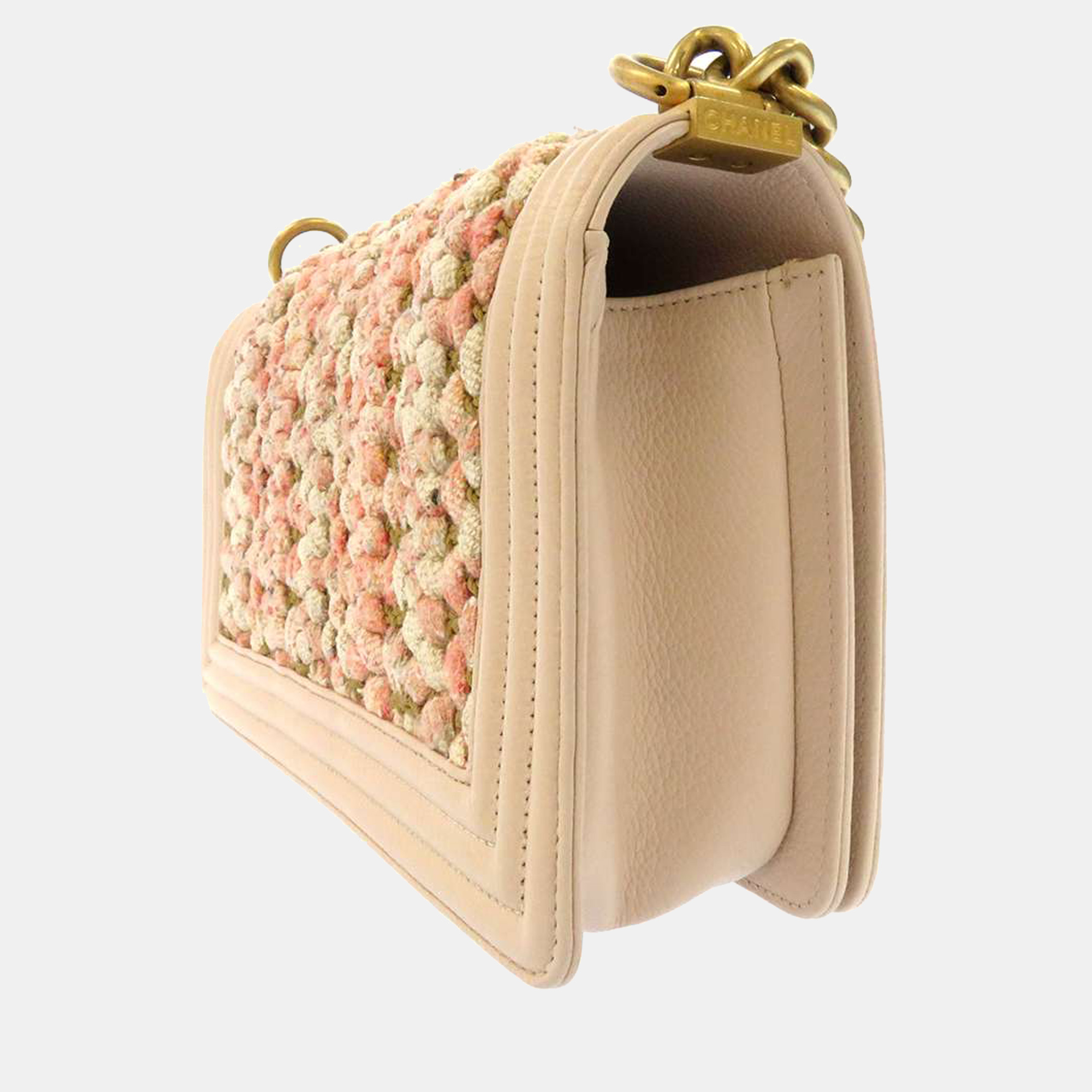 

Chanel Beige/Pink Knit Tweed Leather  Boy Shoulder Bag