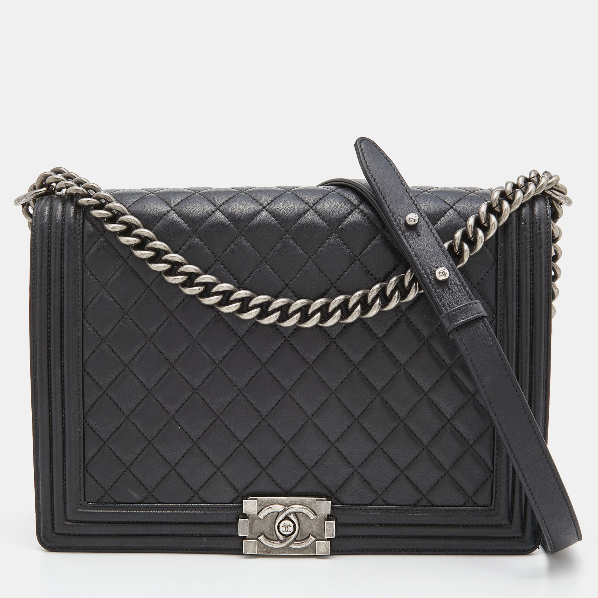 Pre-owned Chanel Black Quilted Leather Large Boy Flap Bag