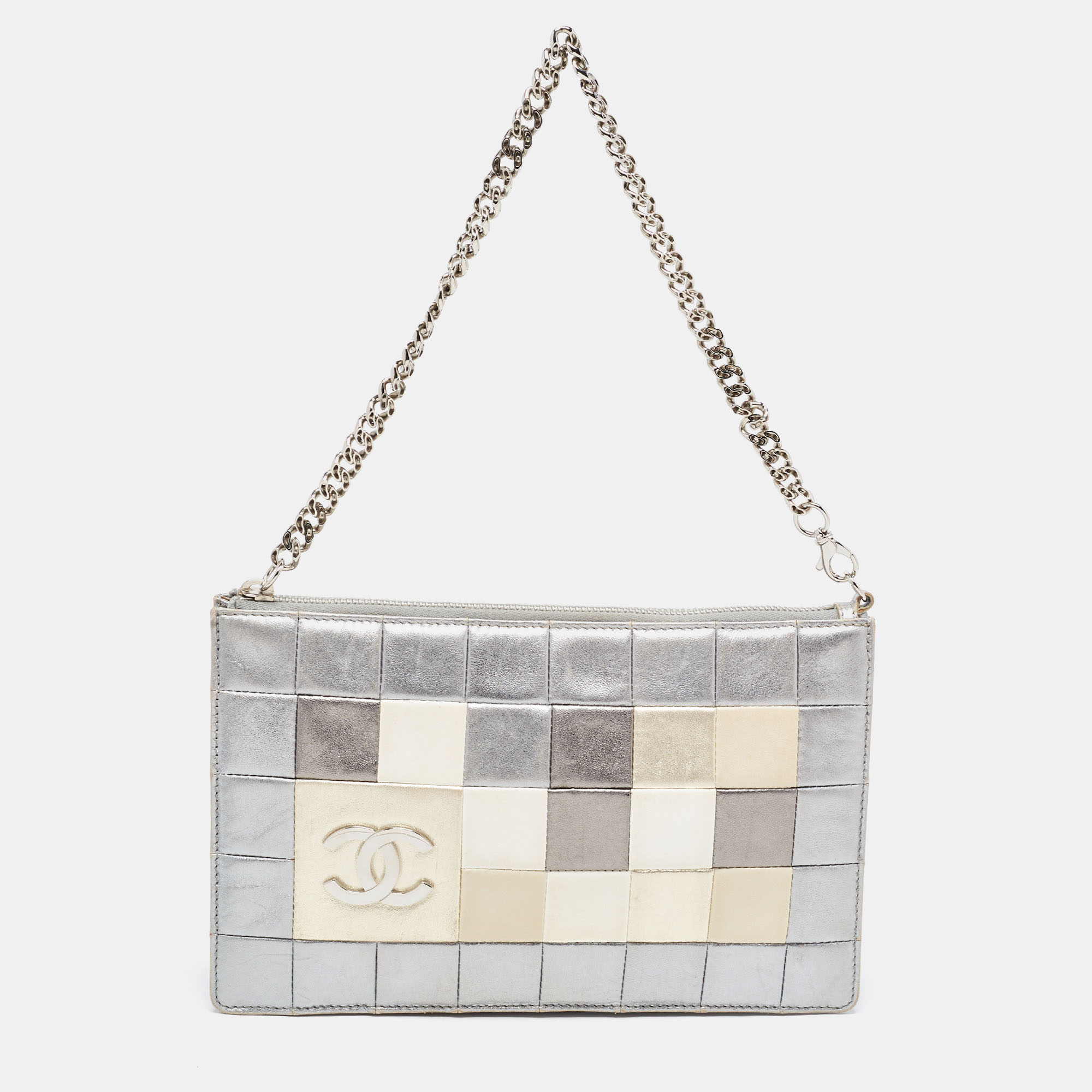 Pre Owned Chanel Silver Multicolor Square Quilted Wristlet Clutch