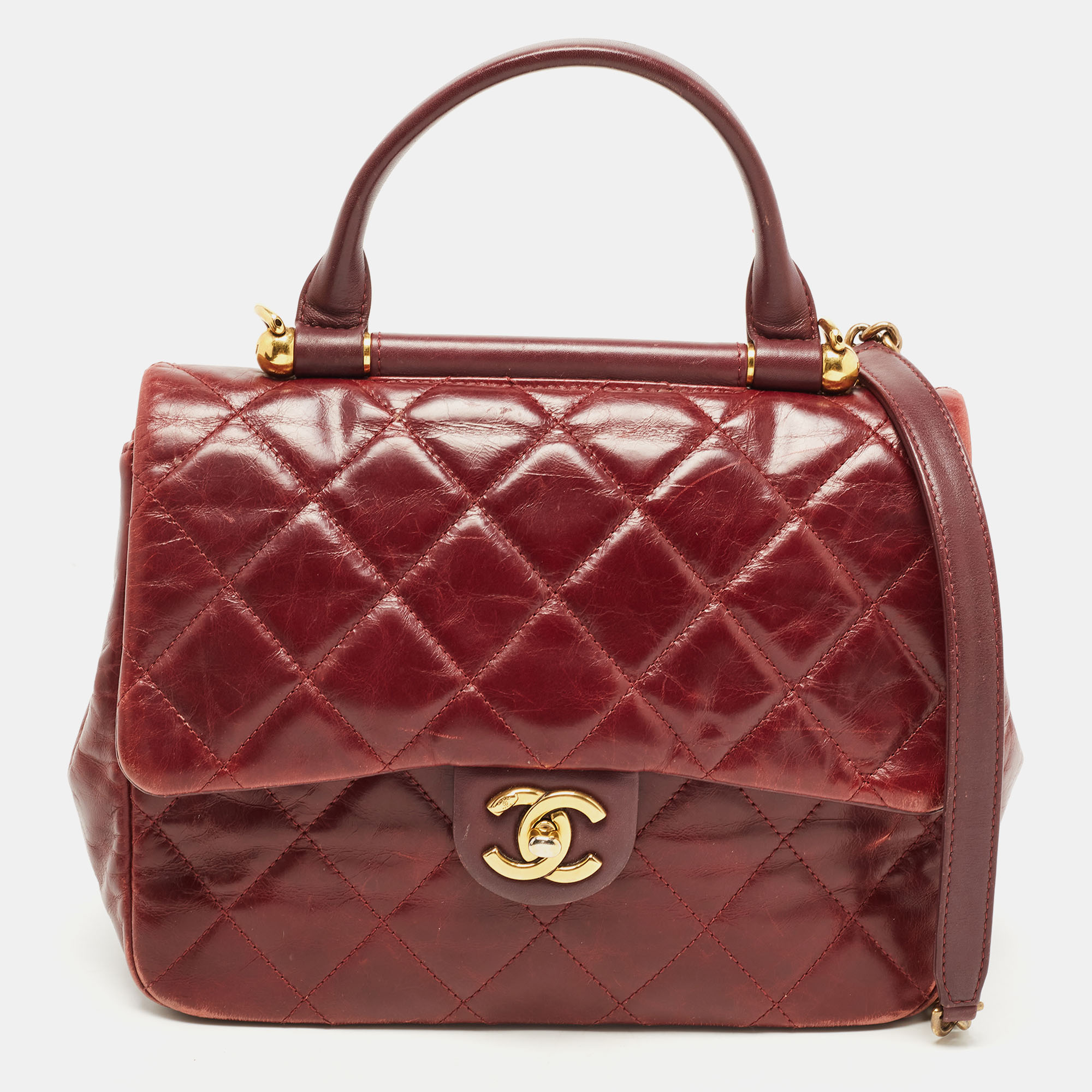 

Chanel Burgundy Quilted Leather Gold Bar Top Handle Bag