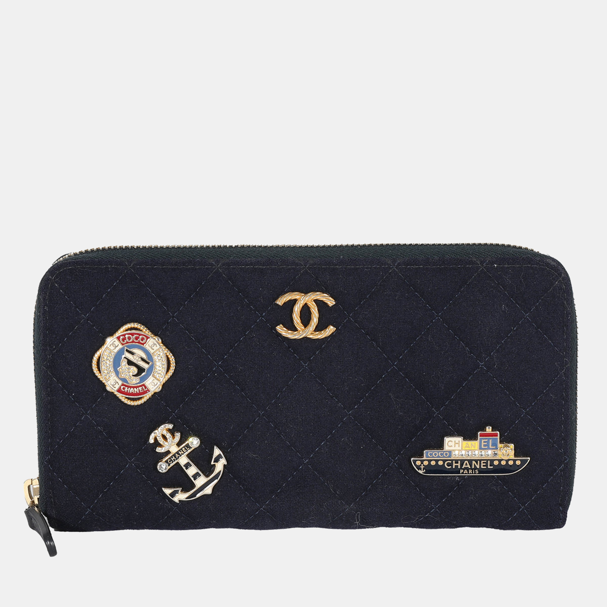CHANEL NAVY FABRIC CHARMING LONG CONTINENTAL ZIP WALLET