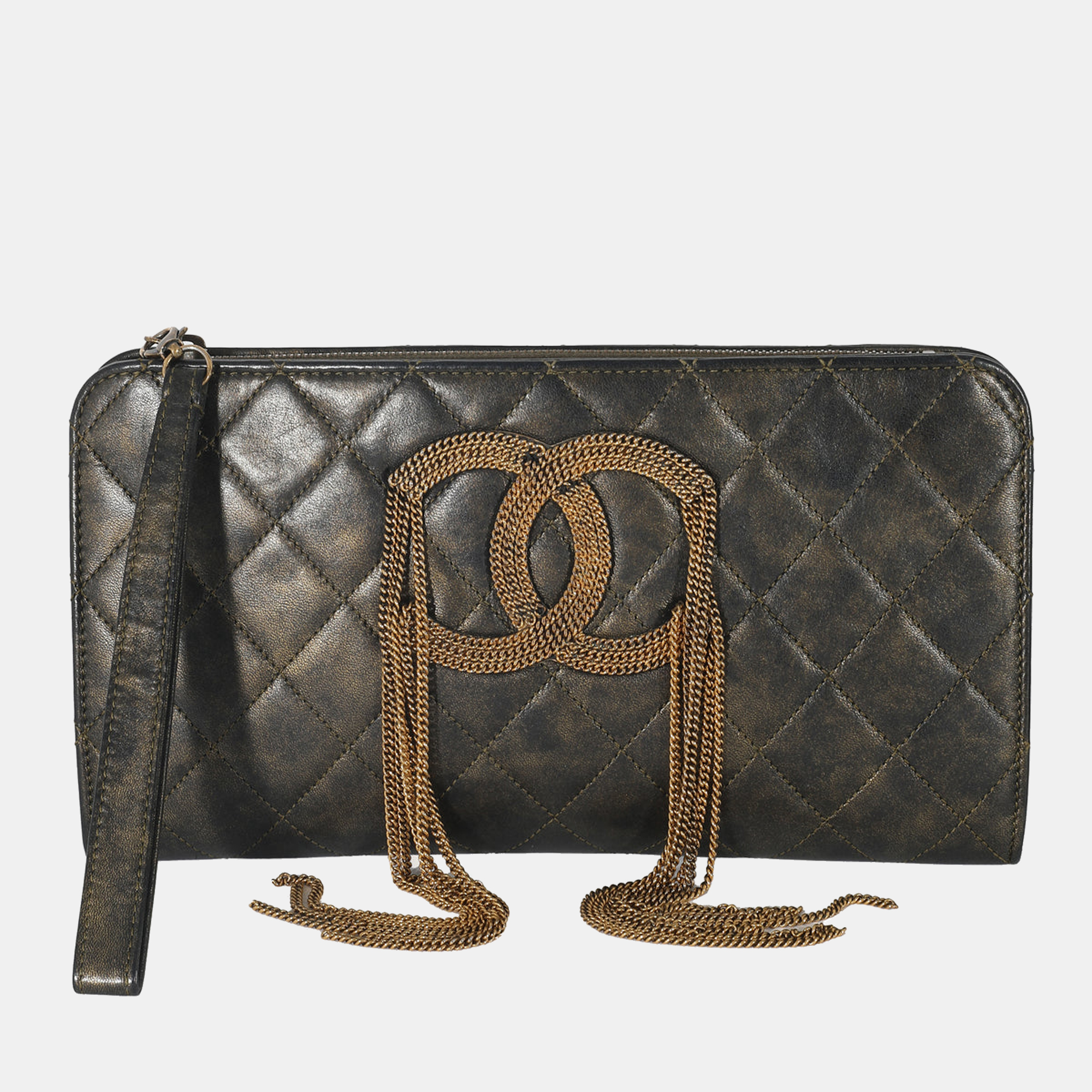 CHANEL BRONZE METALLIC QUILTED CALFSKIN CHAIN CC WRISTLET CLUTCH