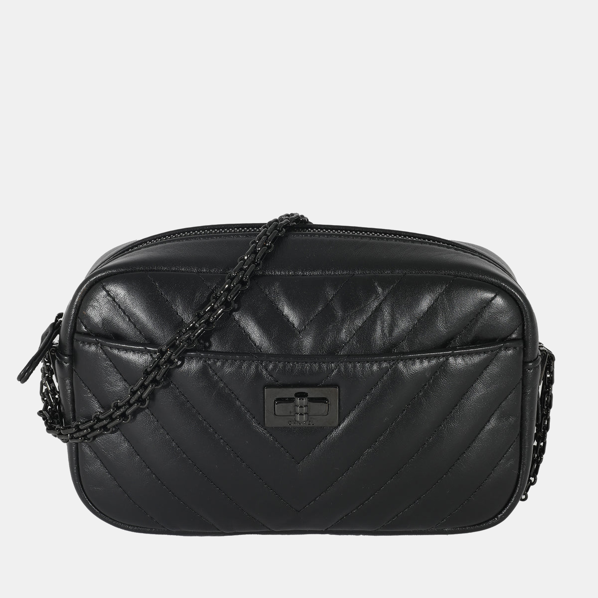 CHANEL BLACK CHEVRON QUILTED LEATHER REISSUE MINI CAMERA BAG
