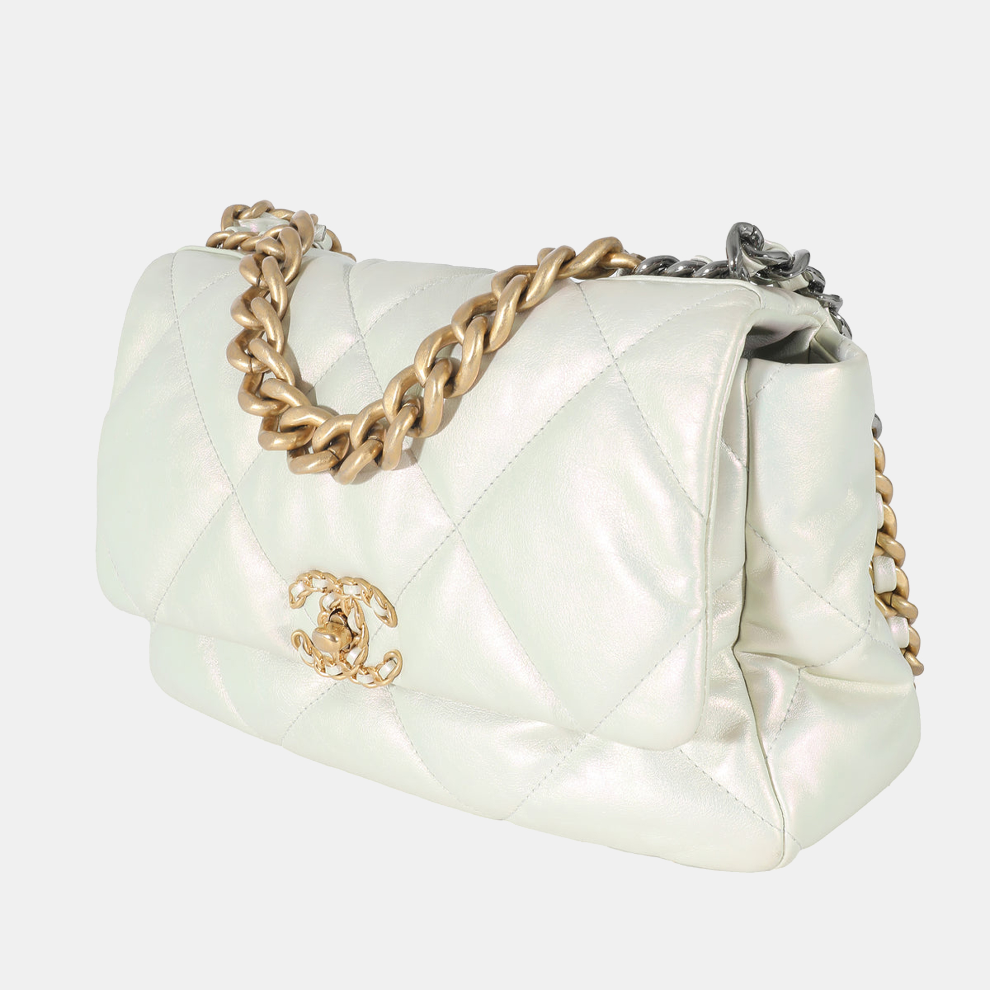 

Chanel White Iridescent Calfskin Medium Chanel 19 Flap Bag