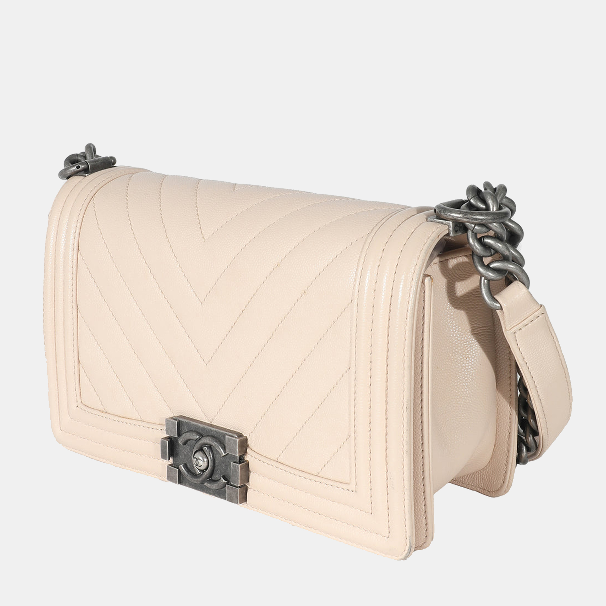 

Chanel Light Beige Chevron Quilted Caviar Leather  Boy Bag