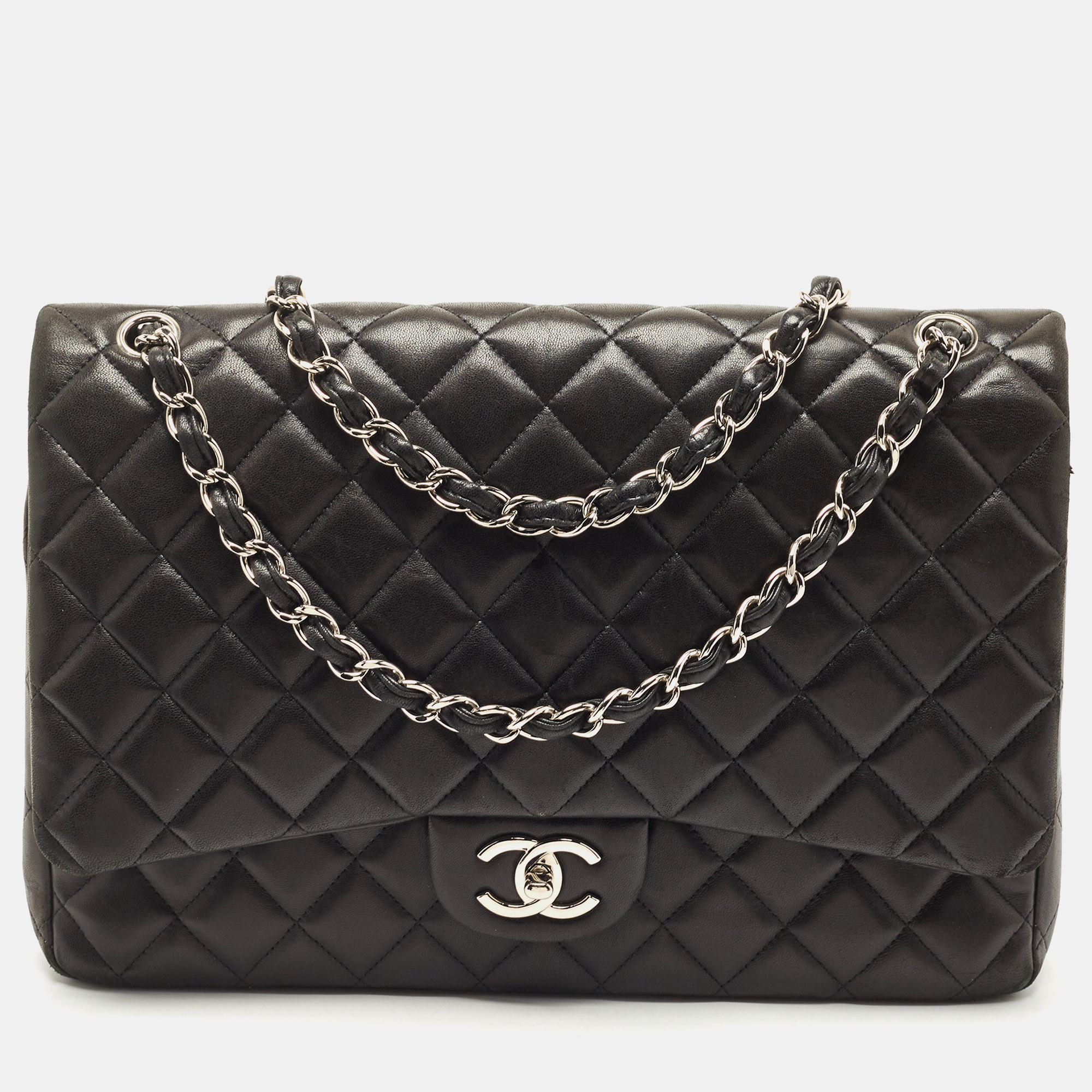 Pre-owned Chanel Black Quilted Lambskin Leather Maxi Classic Double Flap Bag