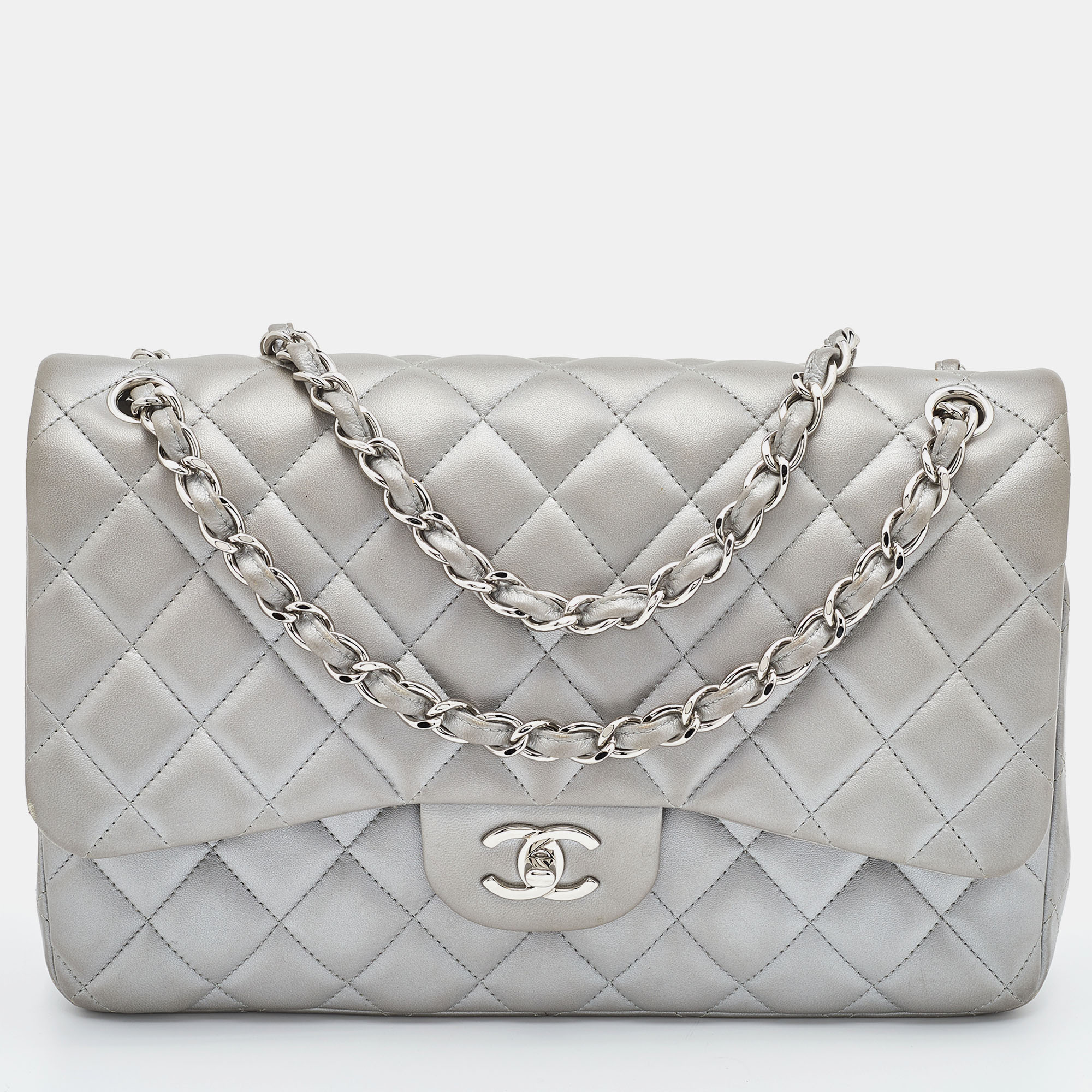 

Chanel Silver Quilted Lambskin Leather Jumbo Classic Double Flap Bag