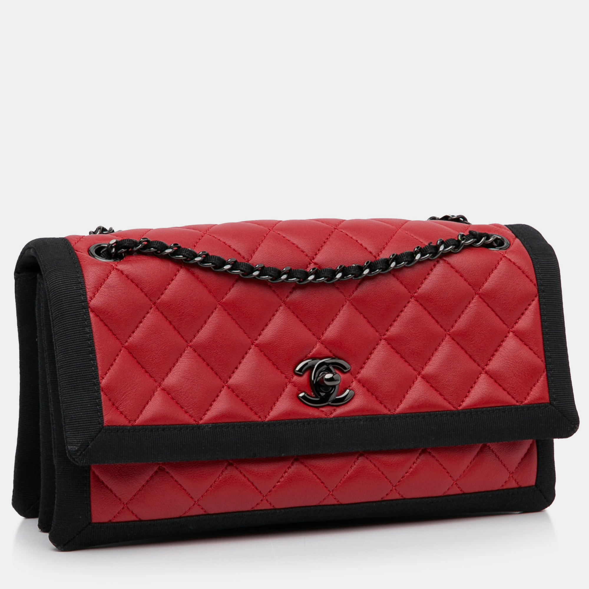 

Chanel Medium Quilted Lambskin Grosgrain Two Tone Flap Bag, Red