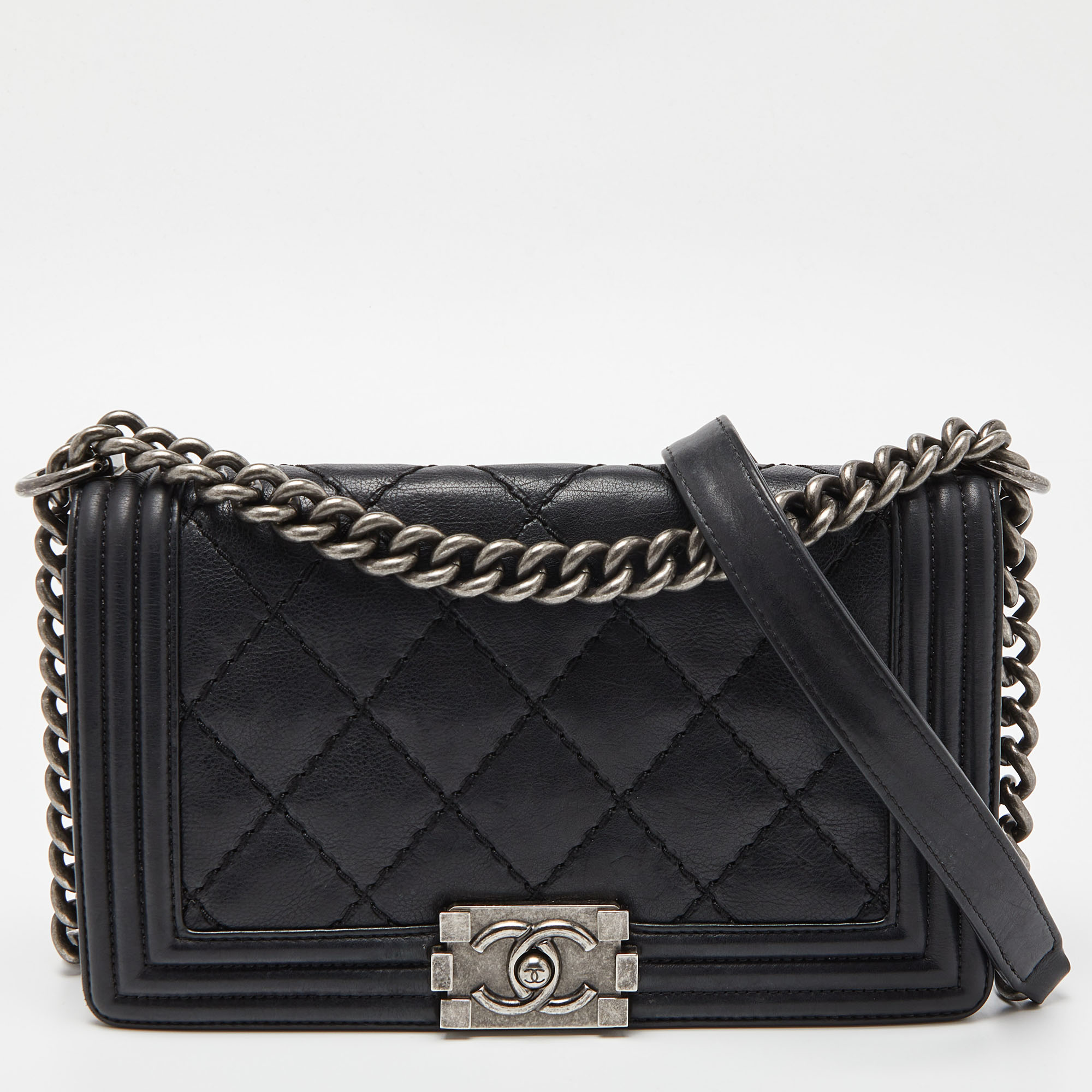 

Chanel Black Quilted Leather Medium Double Stitch Boy Flap Bag