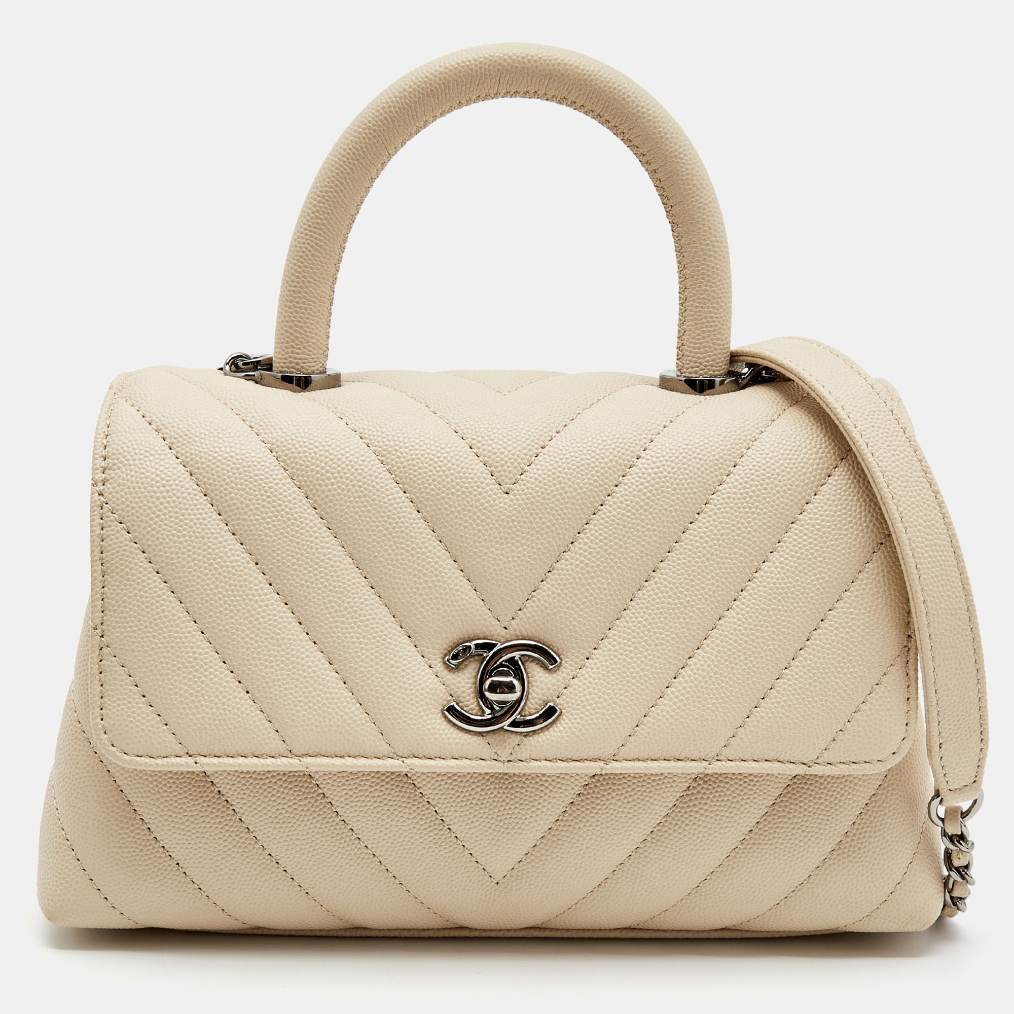 Pre Owned Chanel Light Beige Quilted Caviar Leather Small Coco Top Handle Bag