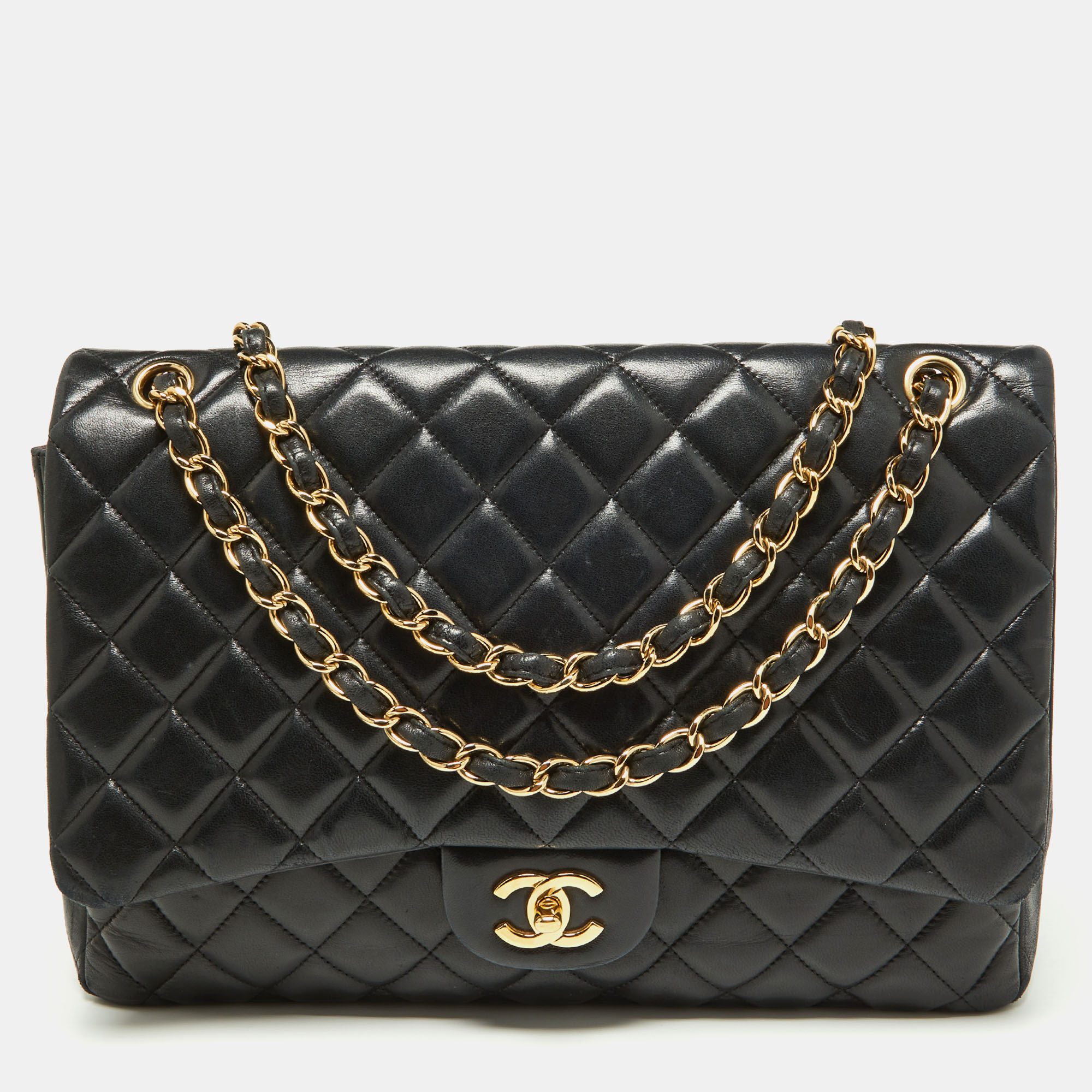 Pre-owned Chanel Black Quilted Lambskin Leather Maxi Classic Double Flap Bag