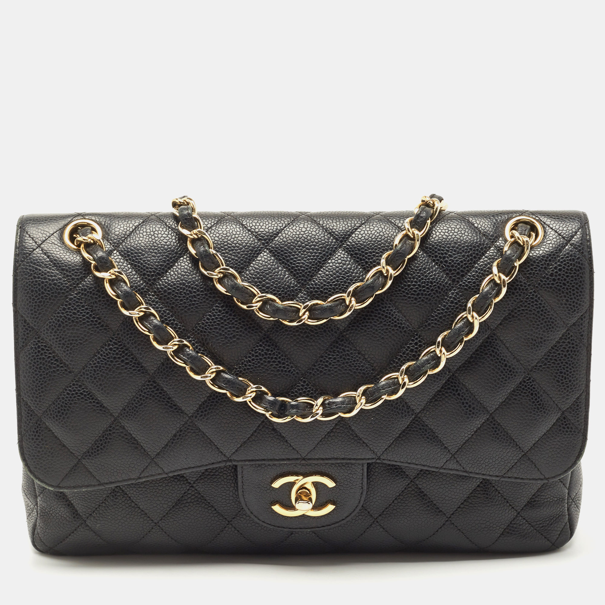 Pre Owned Chanel Black Quilted Caviar Leather Jumbo Classic Double Flap Bag