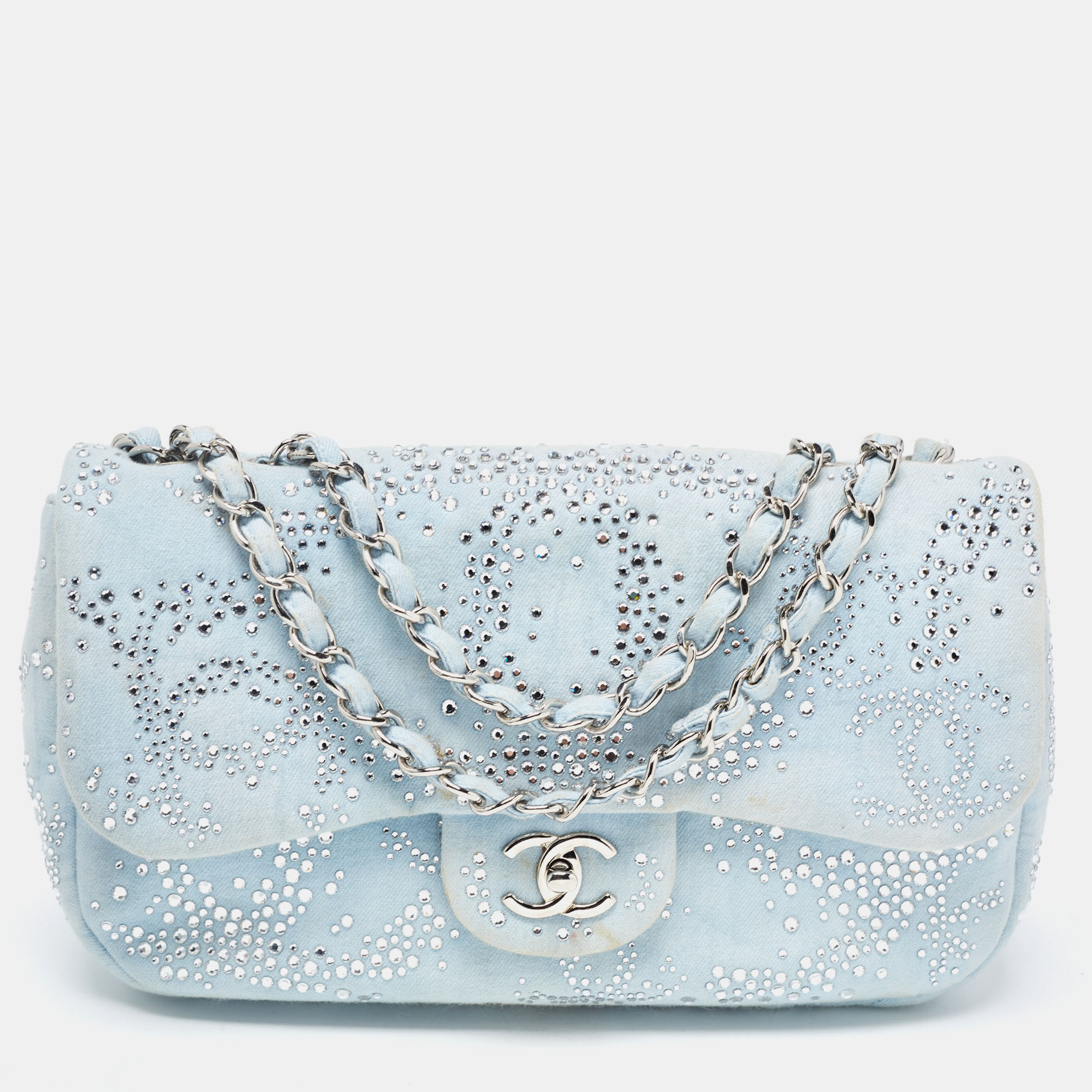 Pre Owned Chanel Blue Quilted Jersey Jumbo Classic Single Flap Bag