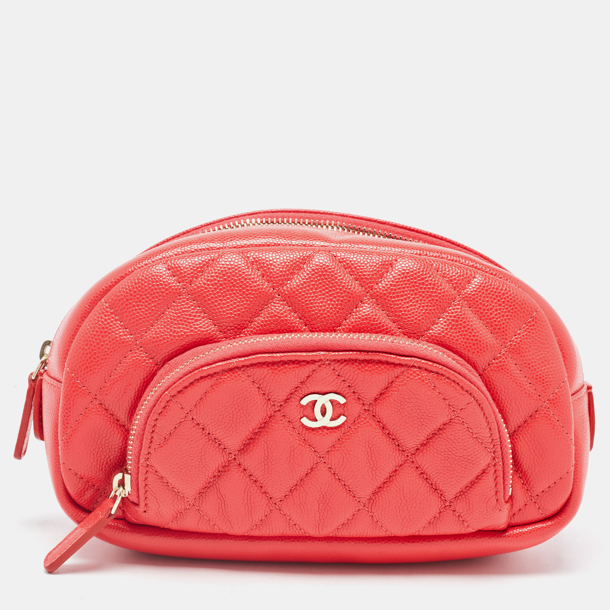 Chanel Coral Red Caviar Leather CC Front Pocket Cosmetic Pouch