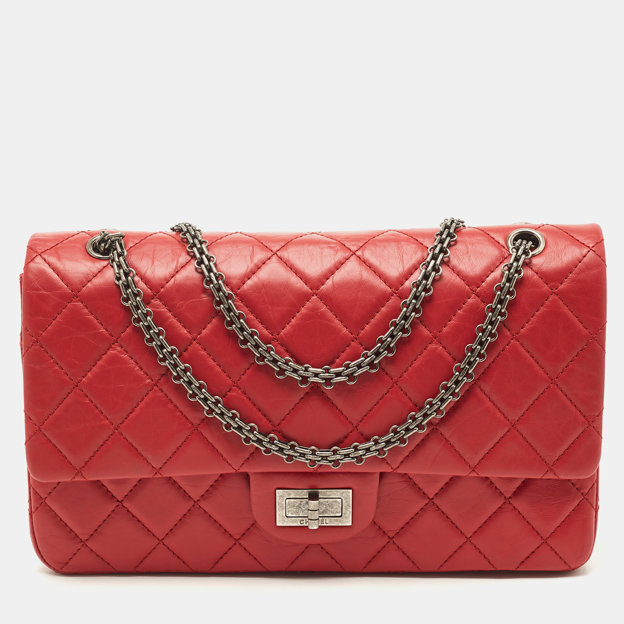 Pre Owned Chanel Red Quilted Aged Leather Reissue 2.55 Classic 227 Flap Bag