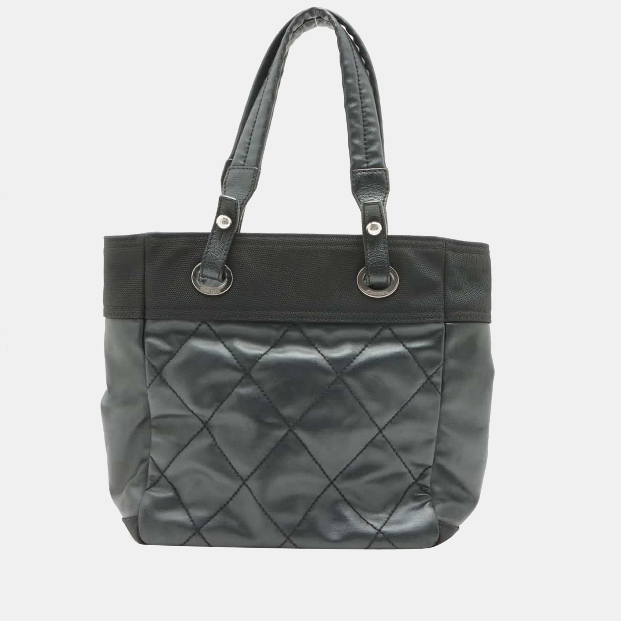 

Chanel Paris Biarritz PM Coating canvas Tote bag Black Silver Metal fittings