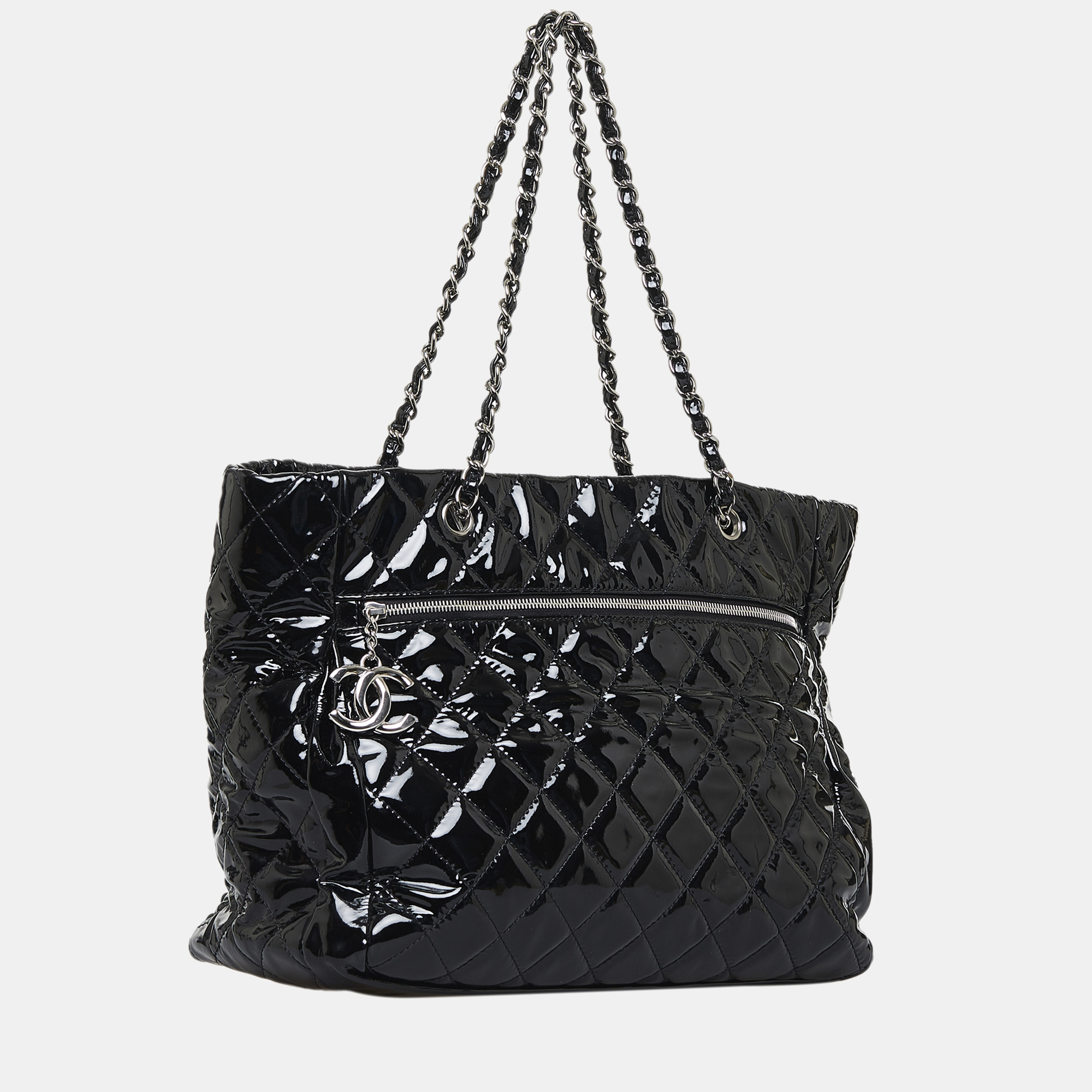 

Chanel Black CC Charm Quilted Patent Leather Tote Bag