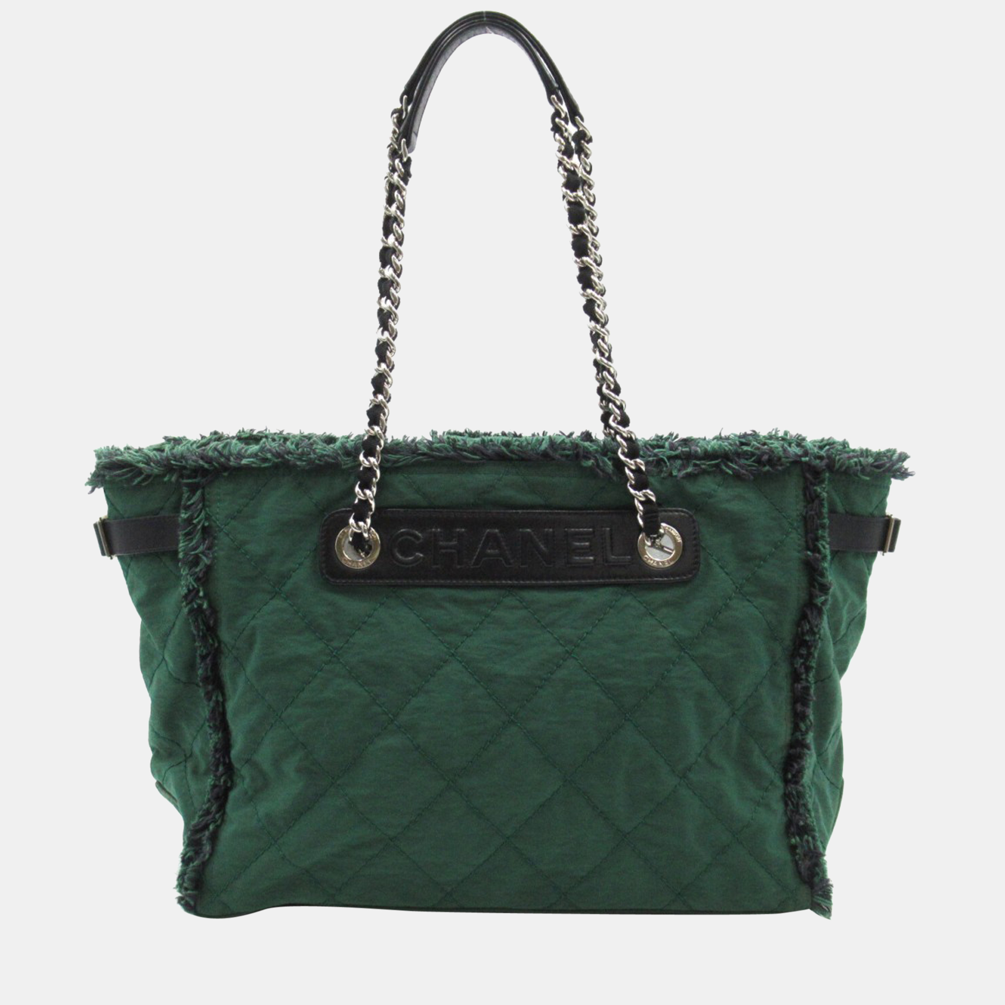Pre-owned Chanel Green Canvas Quilted Nylon Chain Tote Bag