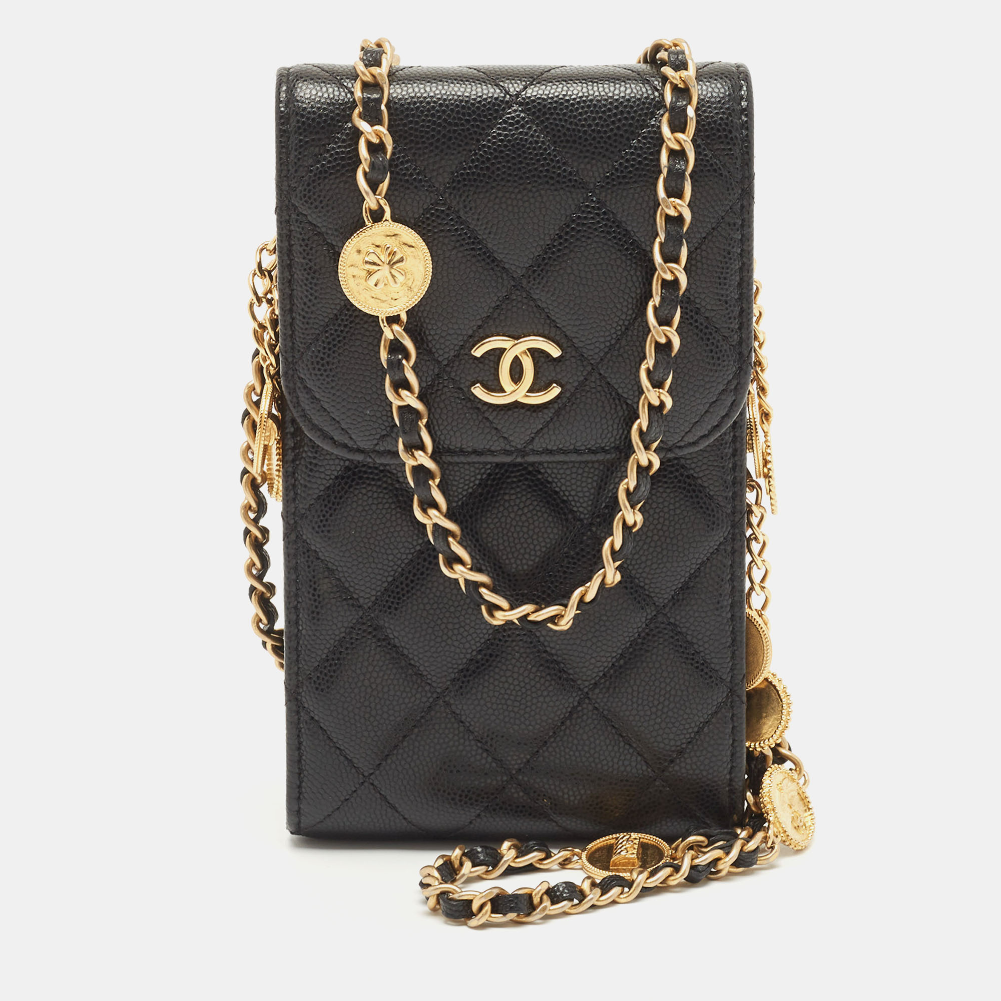 Pre-owned Chanel Black Quilted Caviar Leather Cc Medallion Chain Phone  Crossbody Bag
