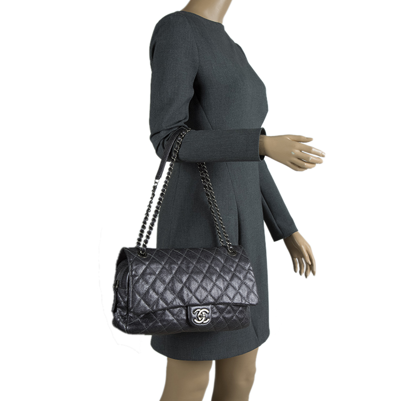 

Chanel Metallic Dark Grey Quilted Caviar Leather Large Easy Flap Bag