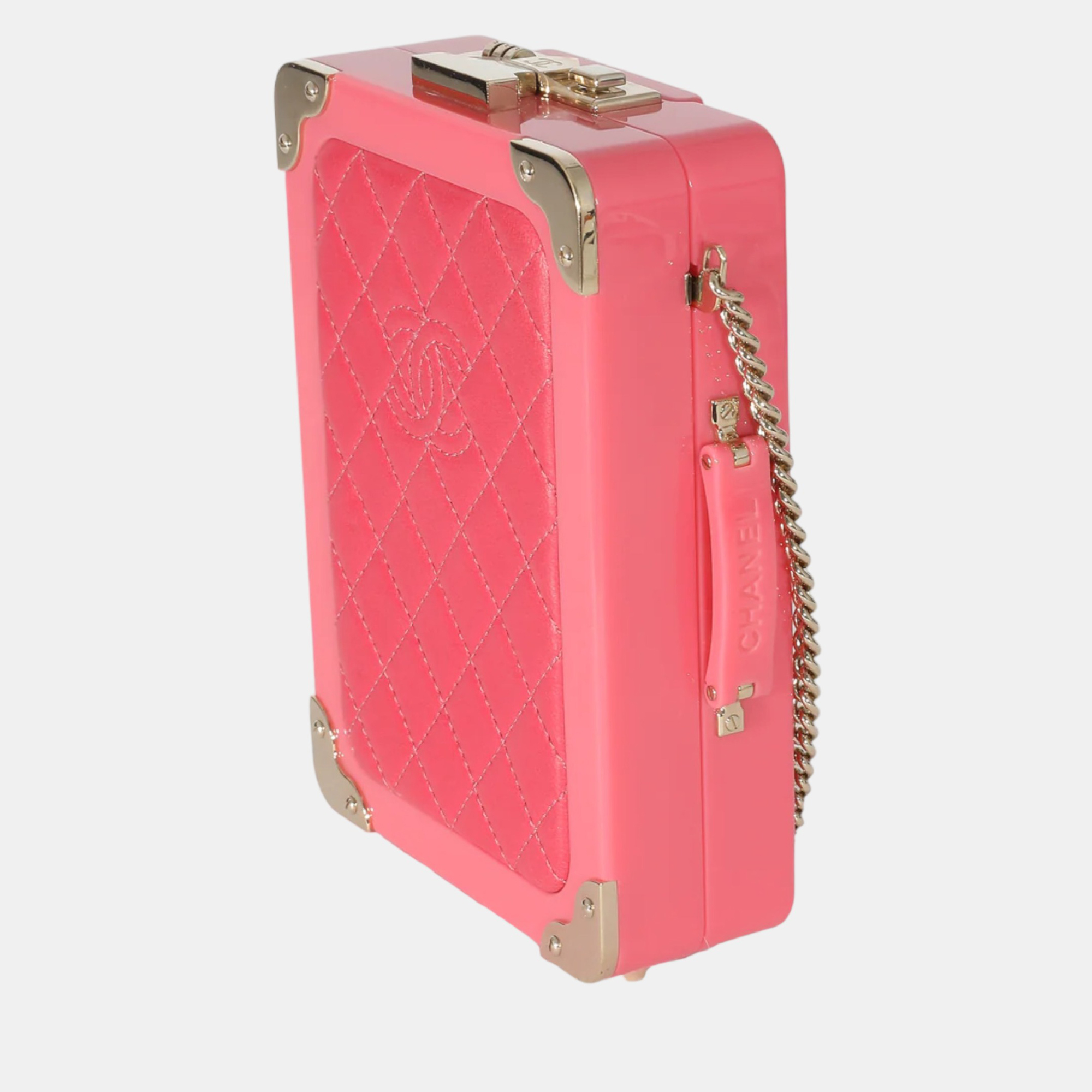 

Chanel Pink Plexiglass Lambskin Evening In The Air CC Trolley Minaudiere Clutch Bag