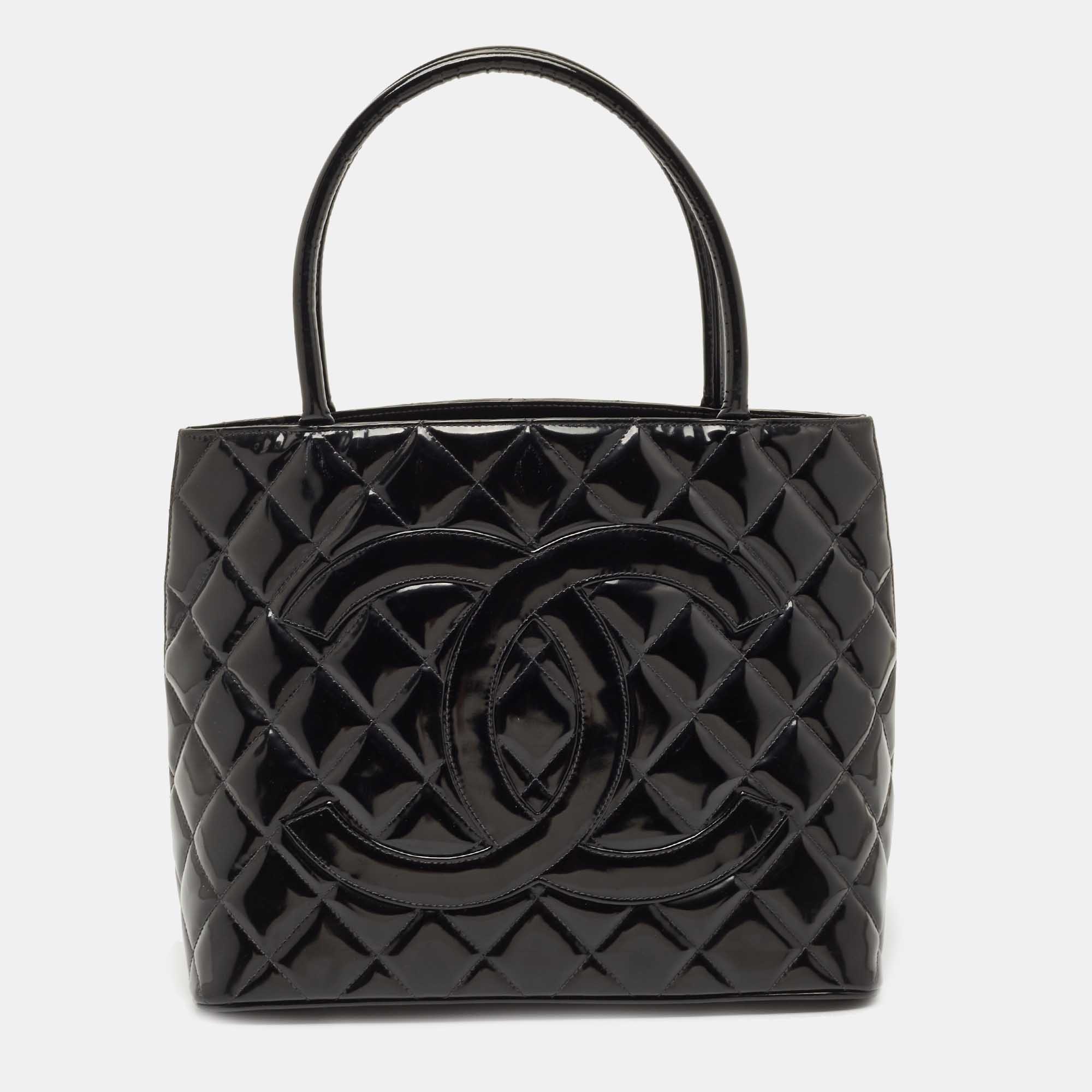 Pre Owned Chanel Black Patent Leather Medallion Tote Bag