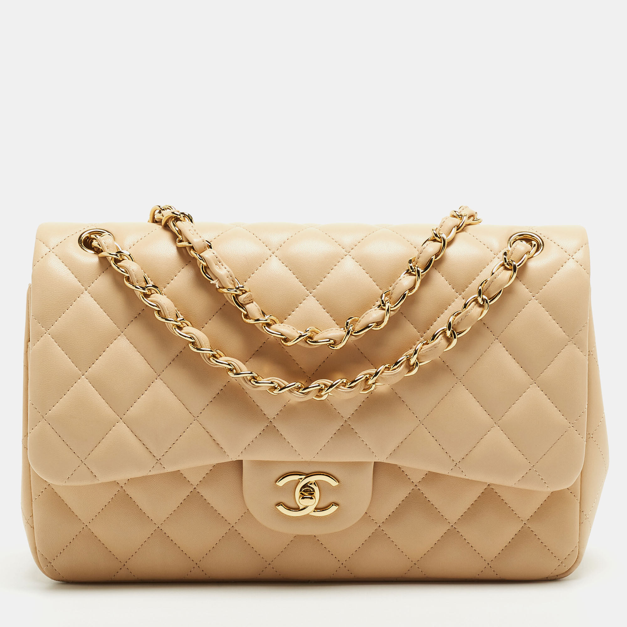 Pre Owned Chanel Beige Quilted Leather Jumbo Classic Double Flap Bag