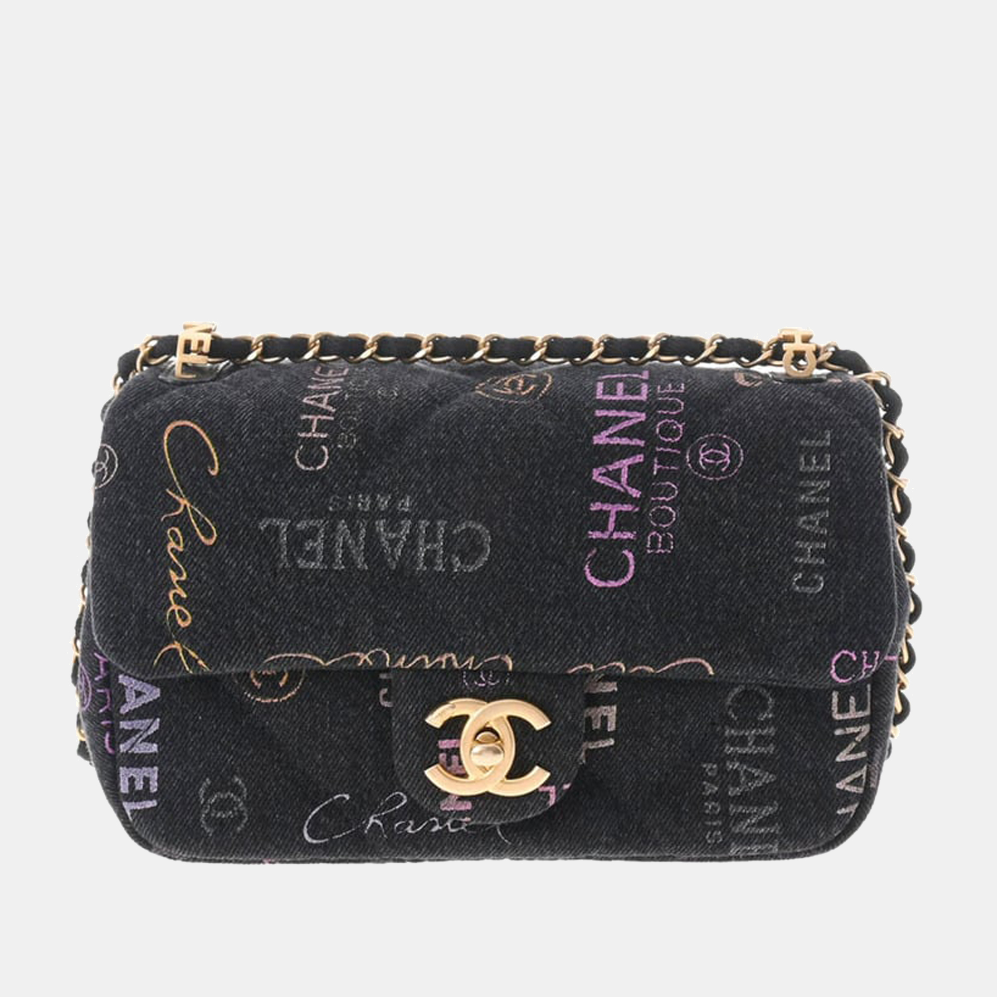 

Chanel Black Denim Logo Printed Flap Bag Shoulder Bag