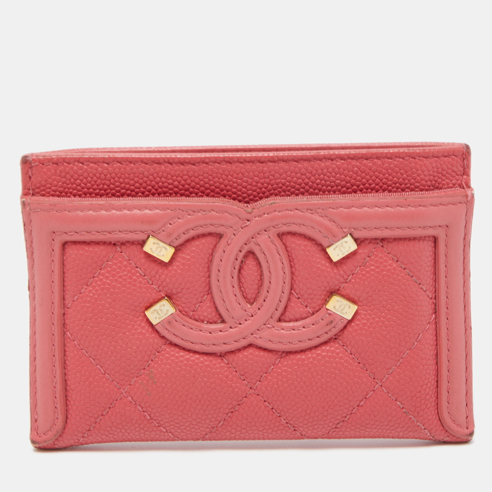 Pre-owned Chanel Pink Quilted Caviar Leather Cc Filigree Card Holder