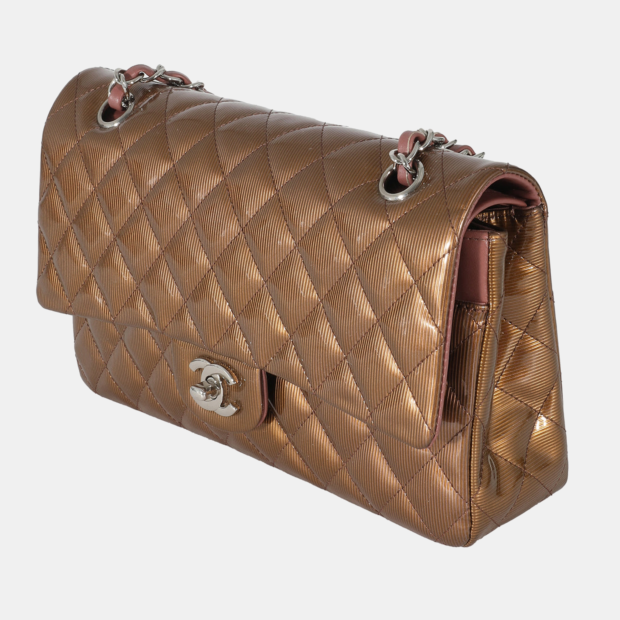 

Chanel Bronze Patent Striated Medium Classic Flap Bag, Brown