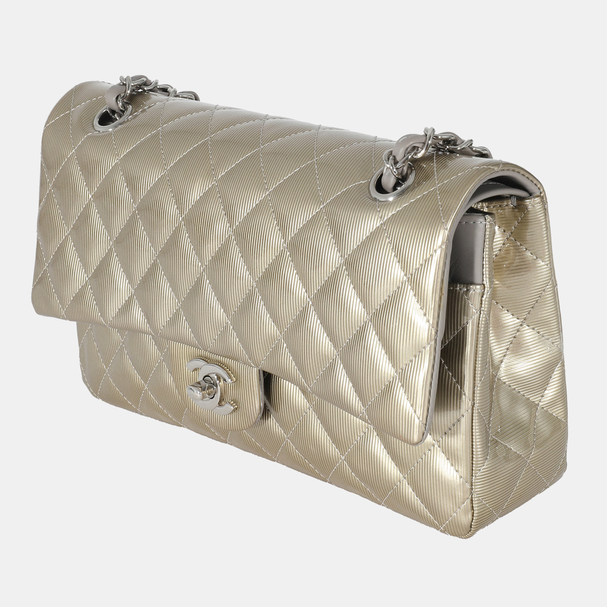 

Chanel Gold Patent Striated Medium Classic Flap Bag